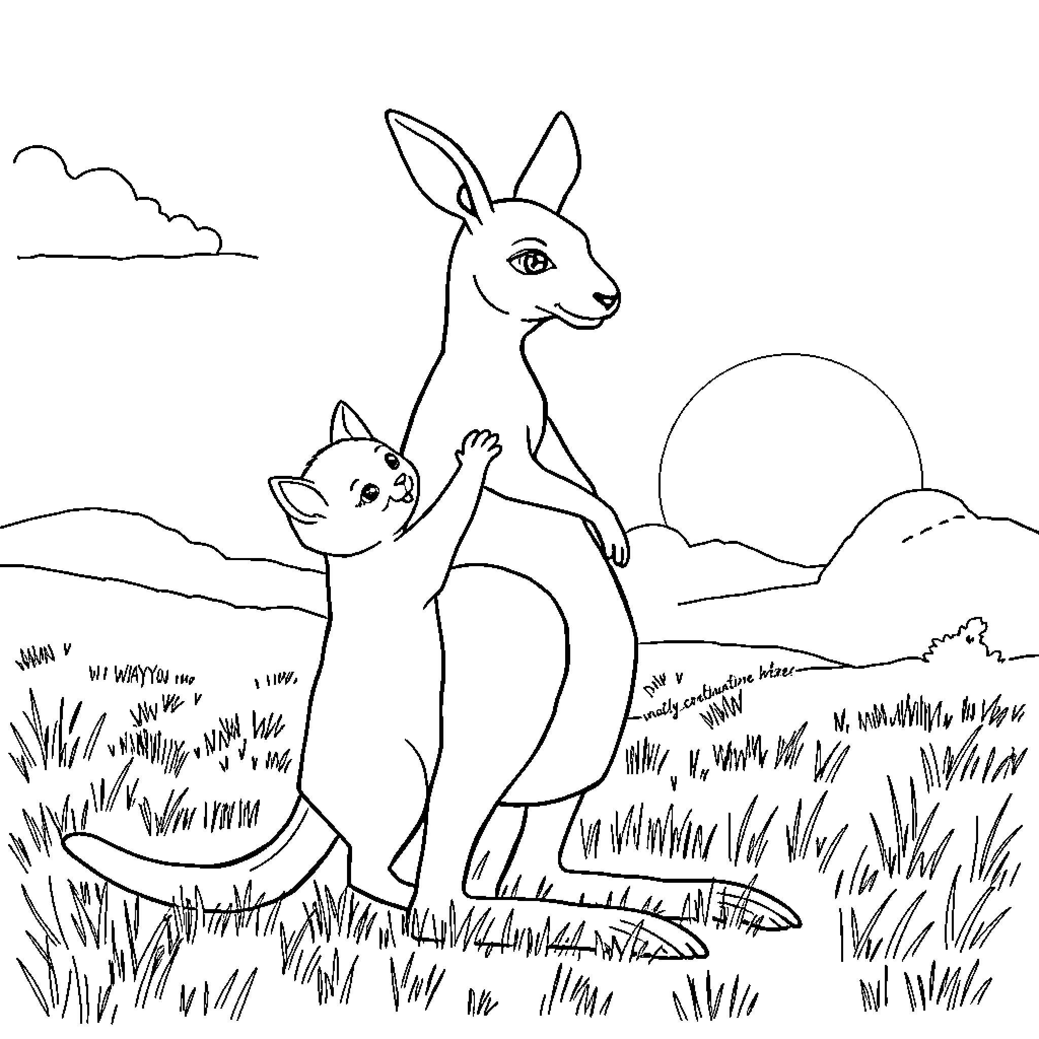 Cat and Kangaroo Exploring the Outdoors Coloring Page (free black-and-white line drawing printable PDF for all, from beginners to advanced learners, including children, teens, adults, and seniors)