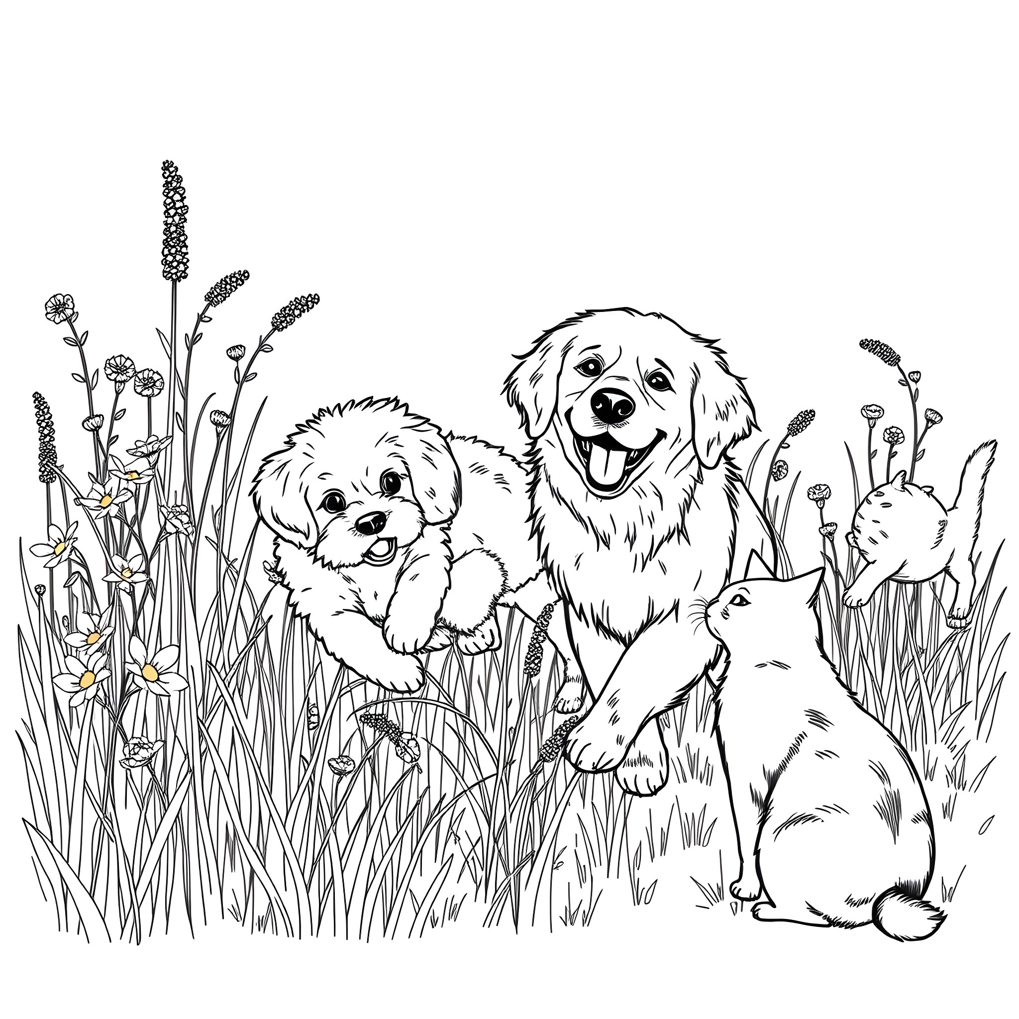 Dog Family Playing in Lush Meadow Coloring Page (free black-and-white line drawing printable PDF for all, from beginners to advanced learners, including children, teens, adults, and seniors)