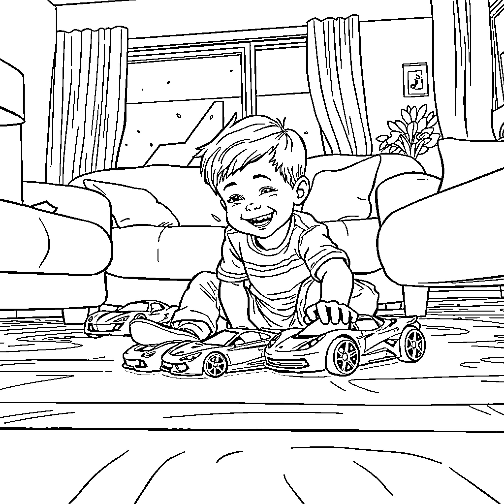 Boy plays joyfully with toy car on floor Coloring Page (free black-and-white line drawing printable PDF for all, from beginners to advanced learners, including children, teens, adults, and seniors)