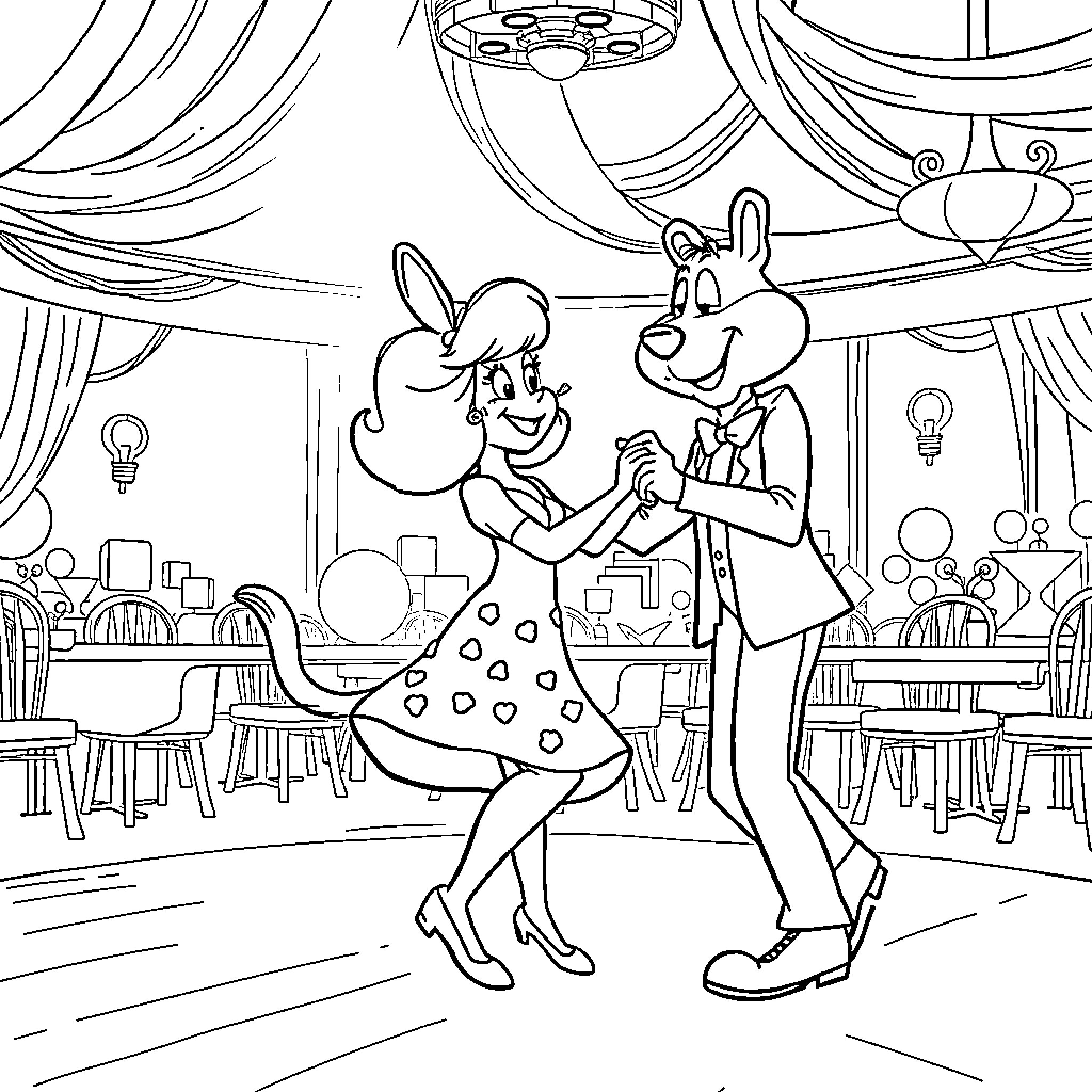 Judy dancing joyfully with her partner in a ballroom Coloring Page (free black-and-white line drawing printable PDF for all, from beginners to advanced learners, including children, teens, adults, and seniors)