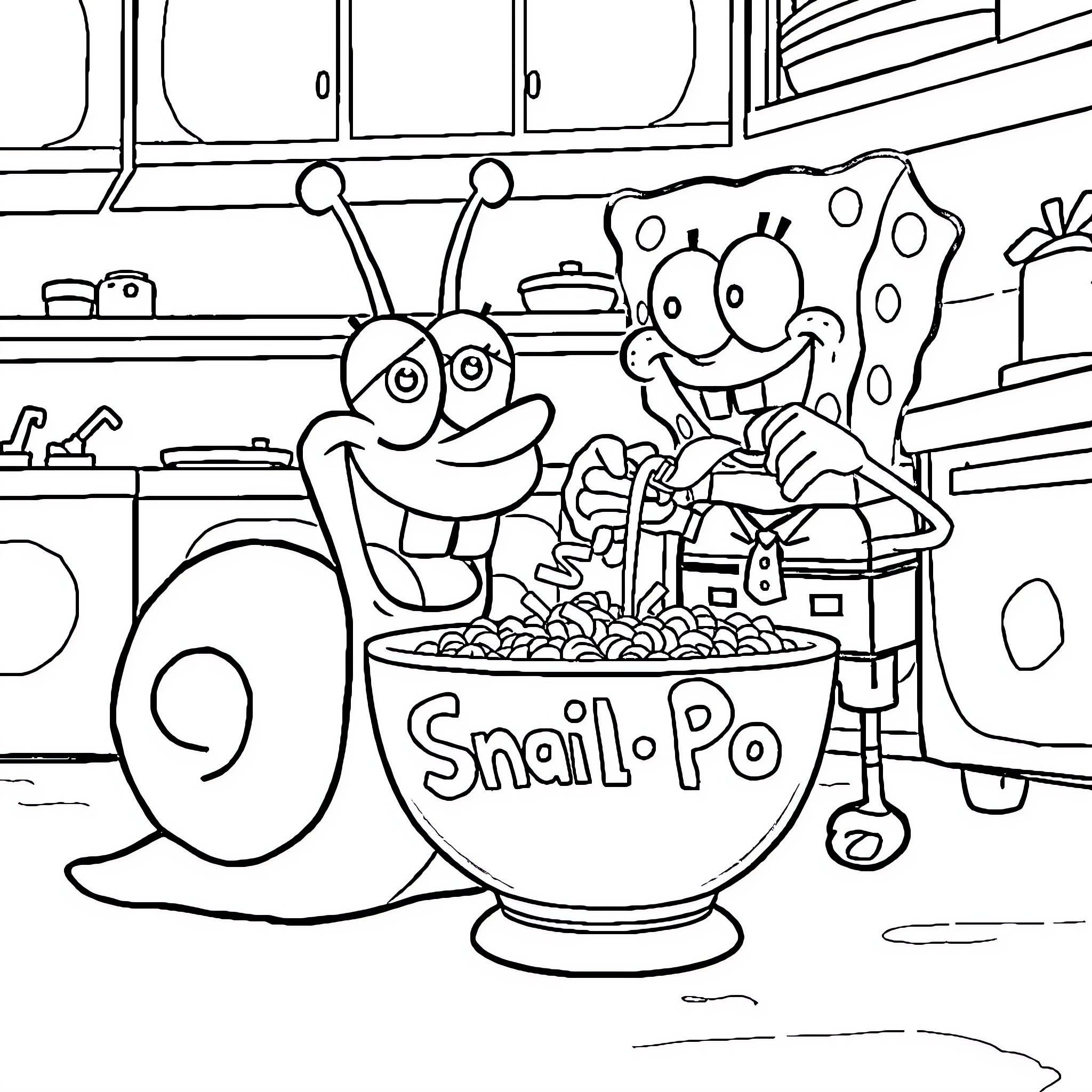 Gary's Delightful Snail Po Snack Adventure Coloring Page (free black-and-white line drawing printable PDF for all, from beginners to advanced learners, including children, teens, adults, and seniors)