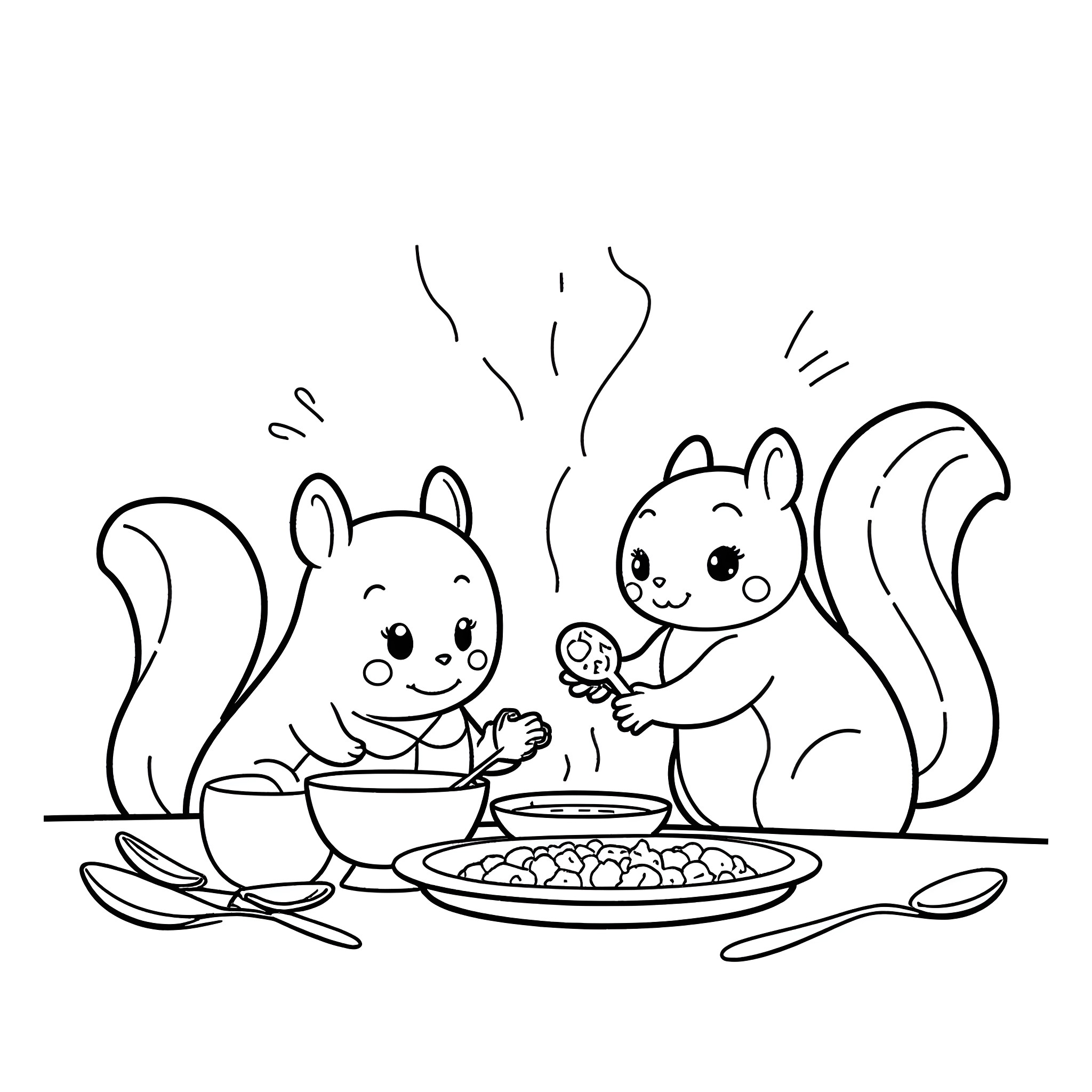Squirrels enjoying a meal together Coloring Page (free black-and-white line drawing printable PDF for all, from beginners to advanced learners, including children, teens, adults, and seniors)