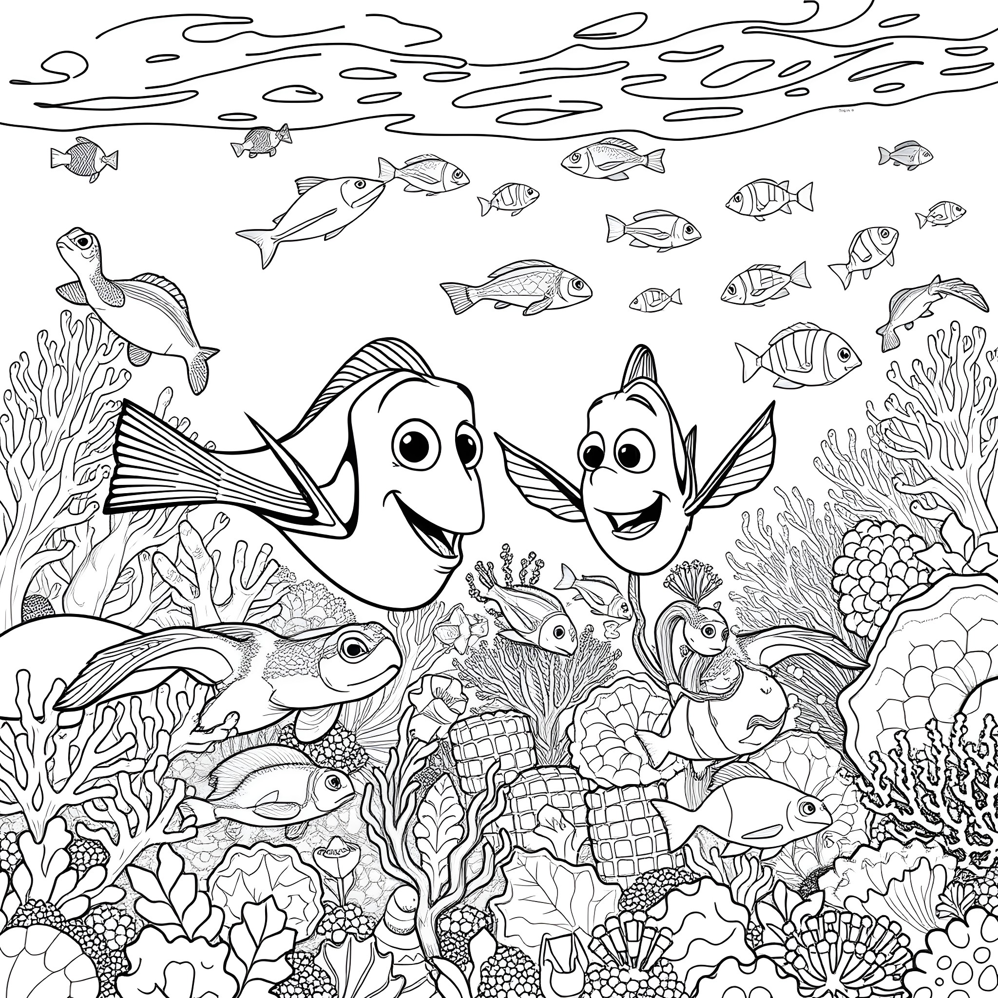 Nemo and Dory exploring the colorful underwater world Coloring Page (free black-and-white line drawing printable PDF for all, from beginners to advanced learners, including children, teens, adults, and seniors)