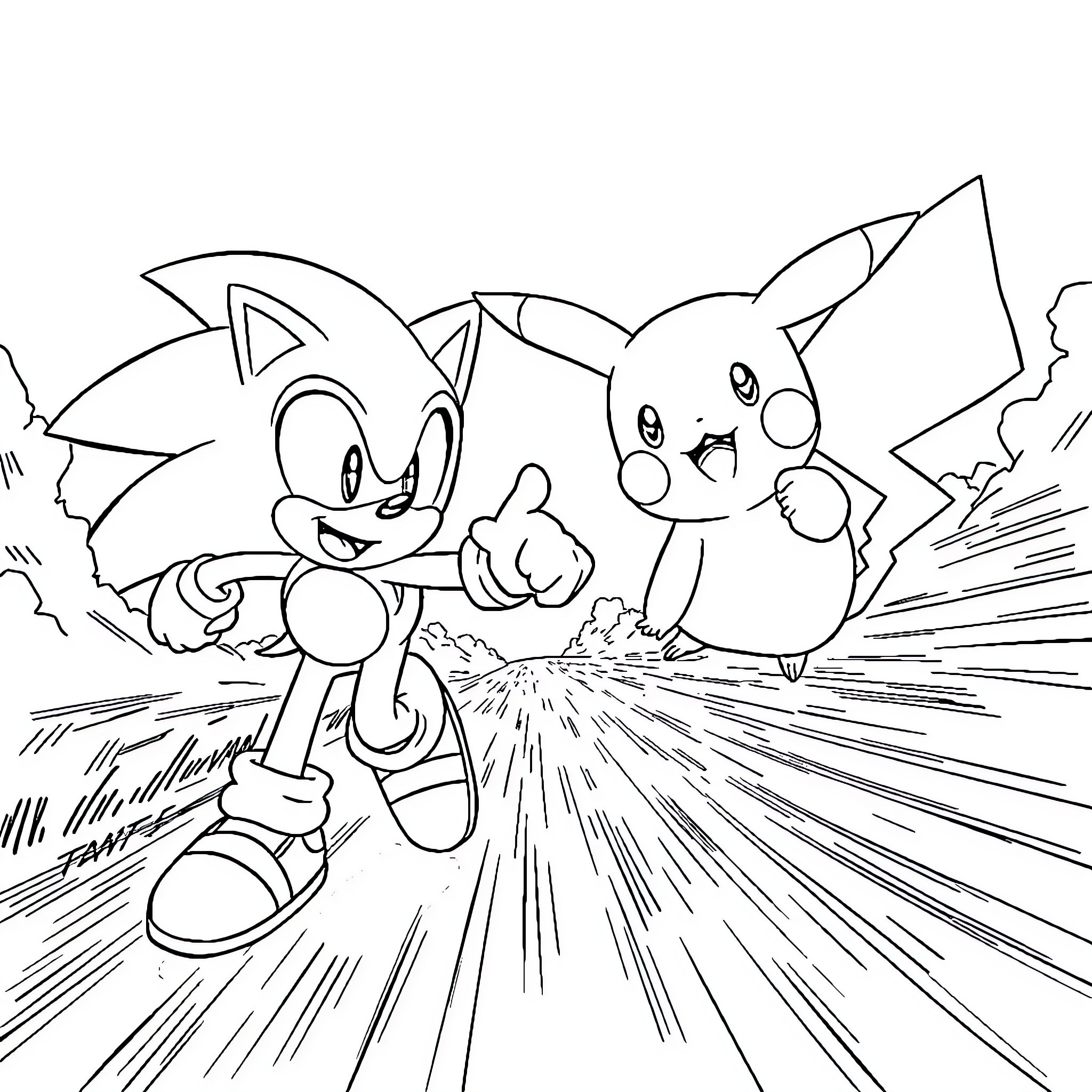 Sonic and Pikachu Engaged in Dynamic Action Coloring Page (free black-and-white line drawing printable PDF for all, from beginners to advanced learners, including children, teens, adults, and seniors)