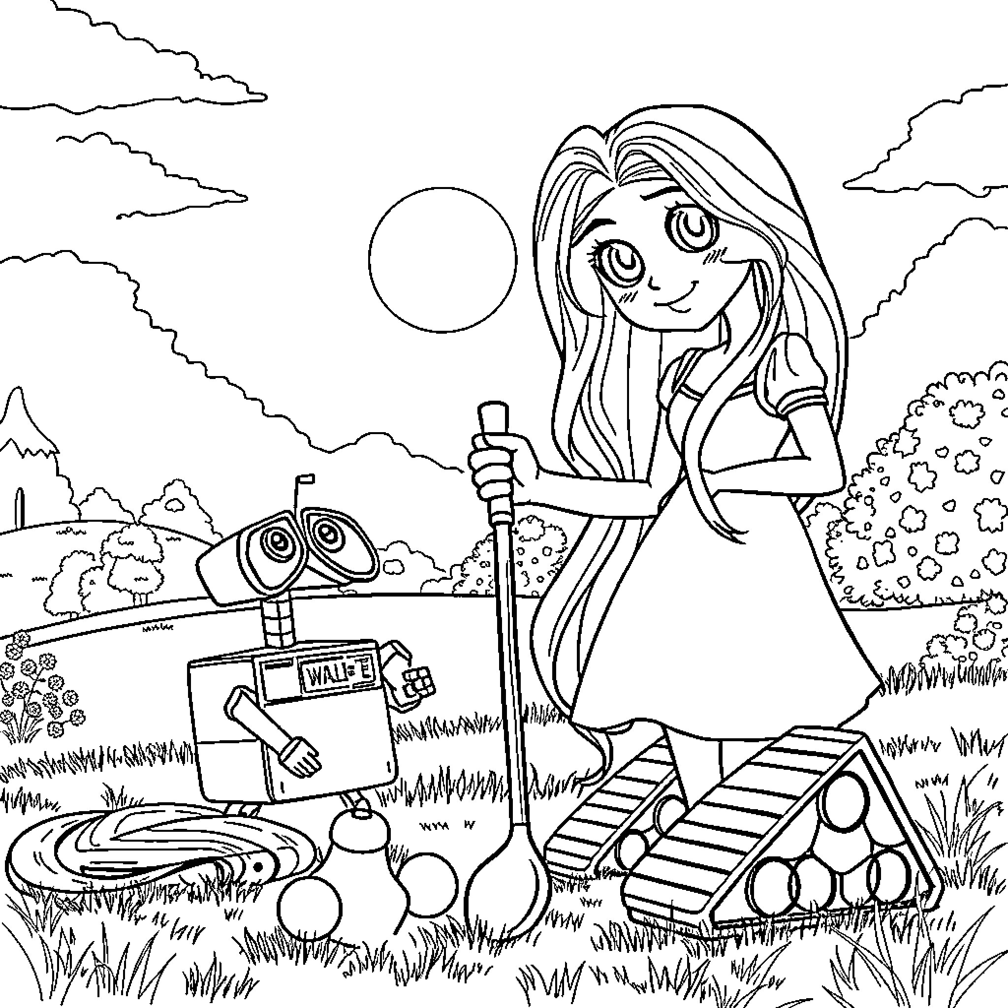 Rapunzel exploring the enchanted forest with her robotic companion Coloring Page (free black-and-white line drawing printable PDF for all, from beginners to advanced learners, including children, teens, adults, and seniors)