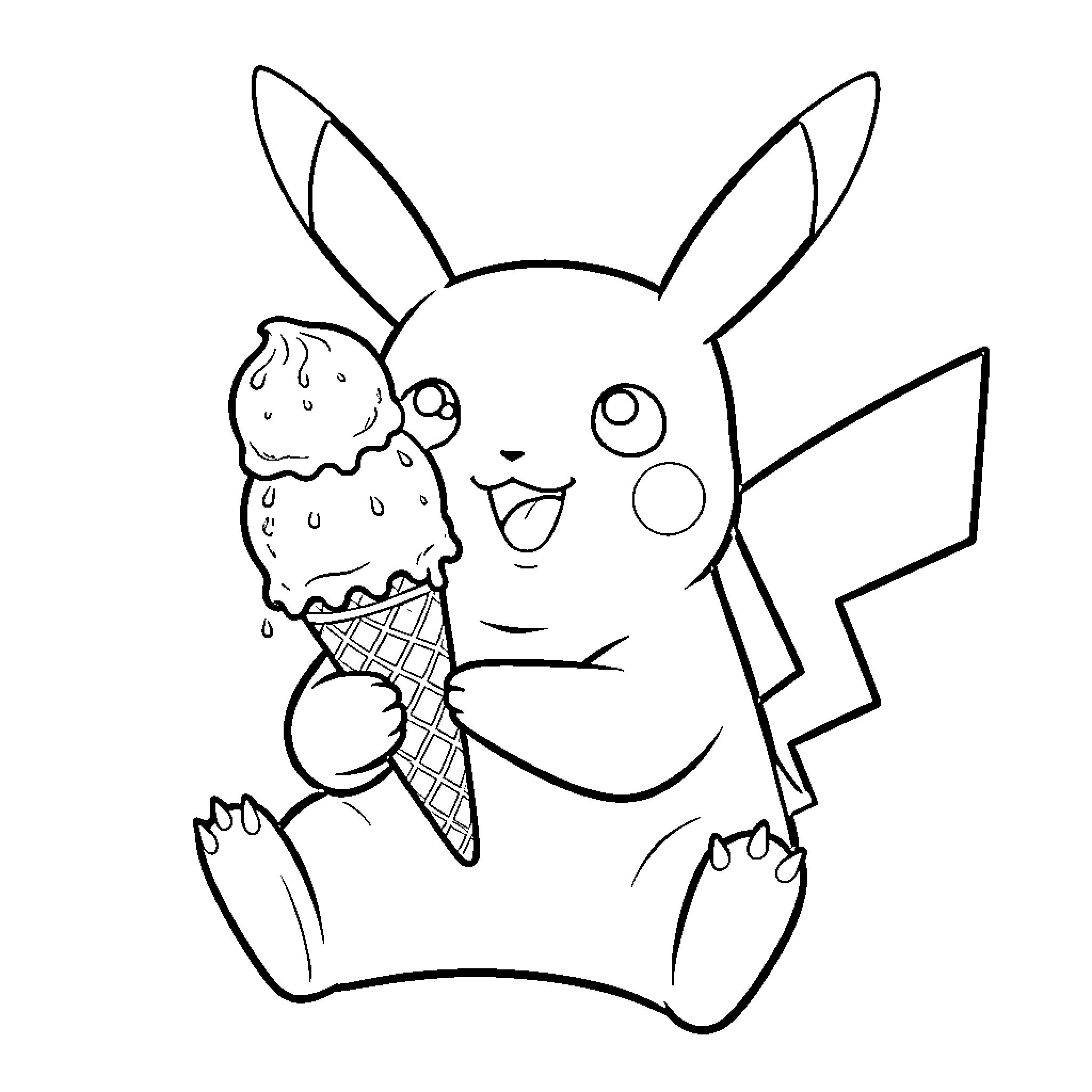 Pikachu happily holding a large ice cream cone Coloring Page (free black-and-white line drawing printable PDF for all, from beginners to advanced learners, including children, teens, adults, and seniors)