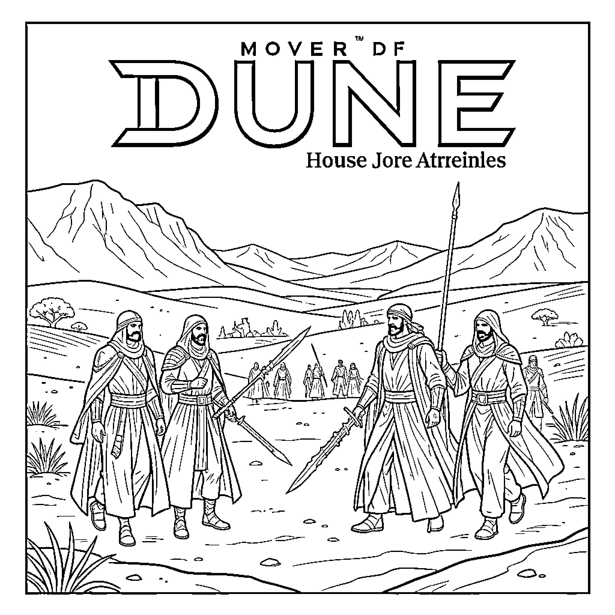 Atreides House Jore Marching Across Dune Landscape Coloring Page (free black-and-white line drawing printable PDF for all, from beginners to advanced learners, including children, teens, adults, and seniors)