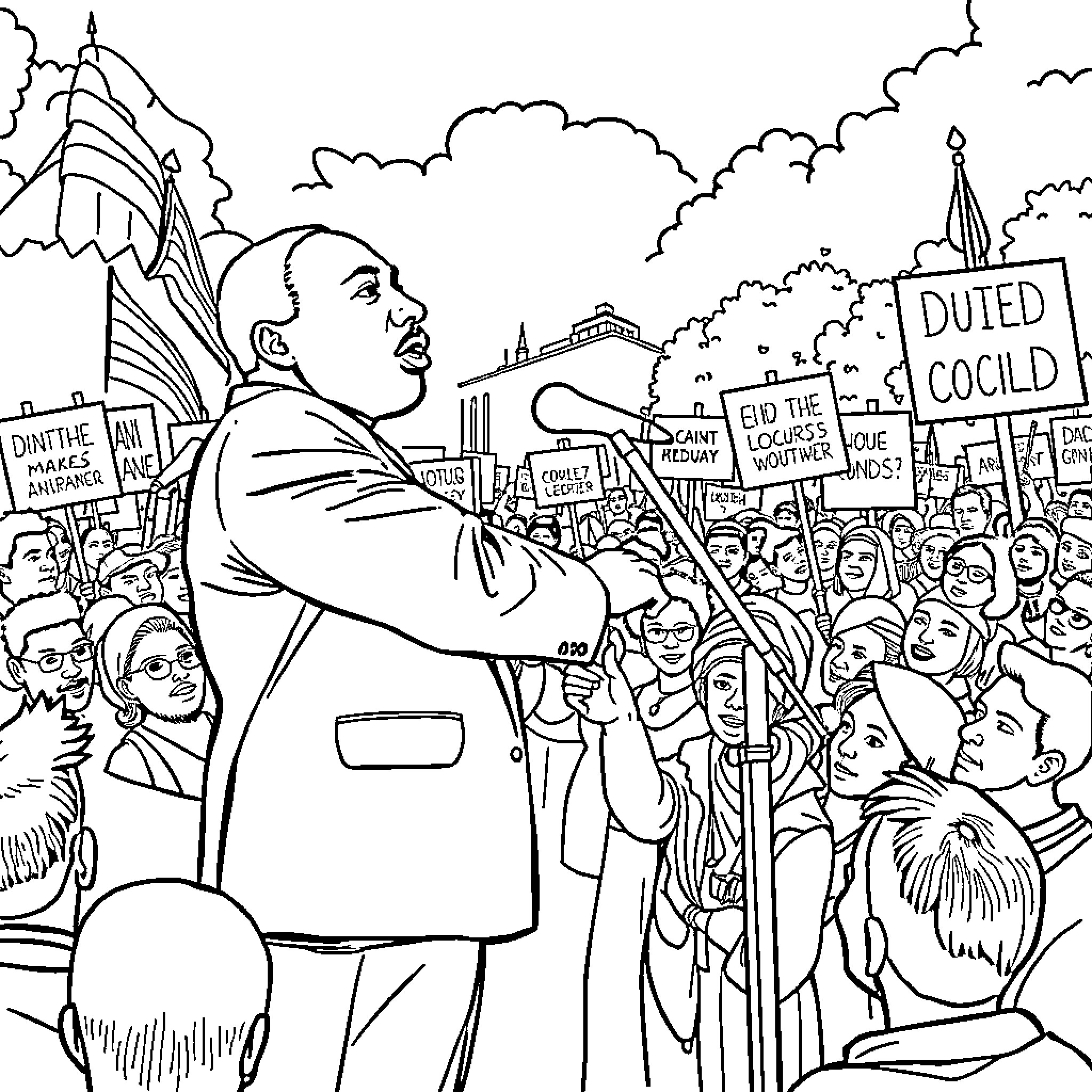 Martin Luther King Jr. leading a civil rights march Coloring Page (free black-and-white line drawing printable PDF for all, from beginners to advanced learners, including children, teens, adults, and seniors)