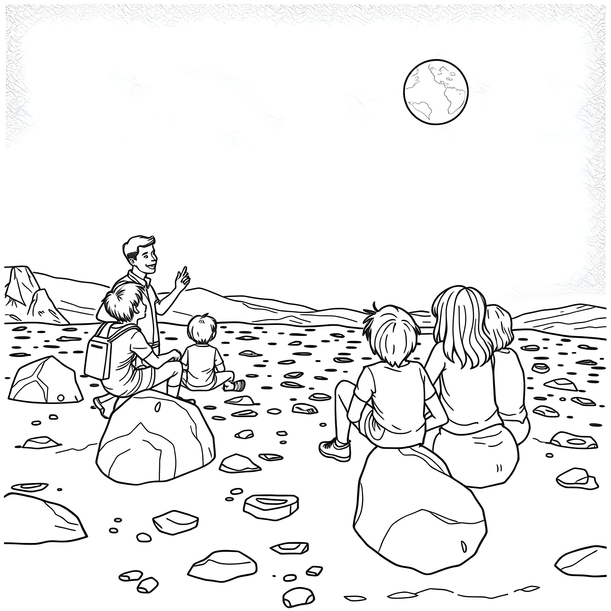 Matt Wurster teaching friends about the world Coloring Page (free black-and-white line drawing printable PDF for all, from beginners to advanced learners, including children, teens, adults, and seniors)