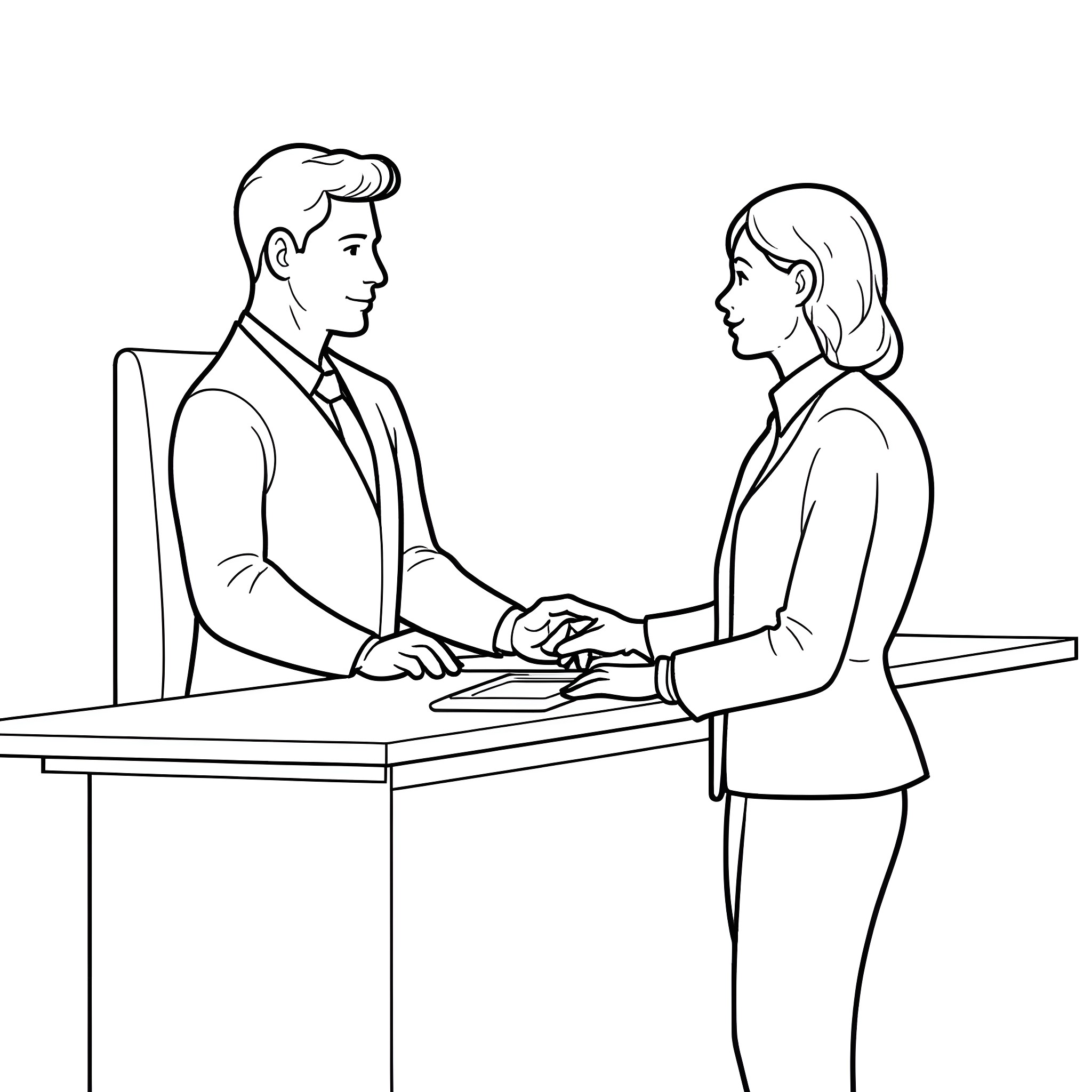 Deputy Clerk Assisting Woman at Desk Coloring Page (free black-and-white line drawing printable PDF for all, from beginners to advanced learners, including children, teens, adults, and seniors)