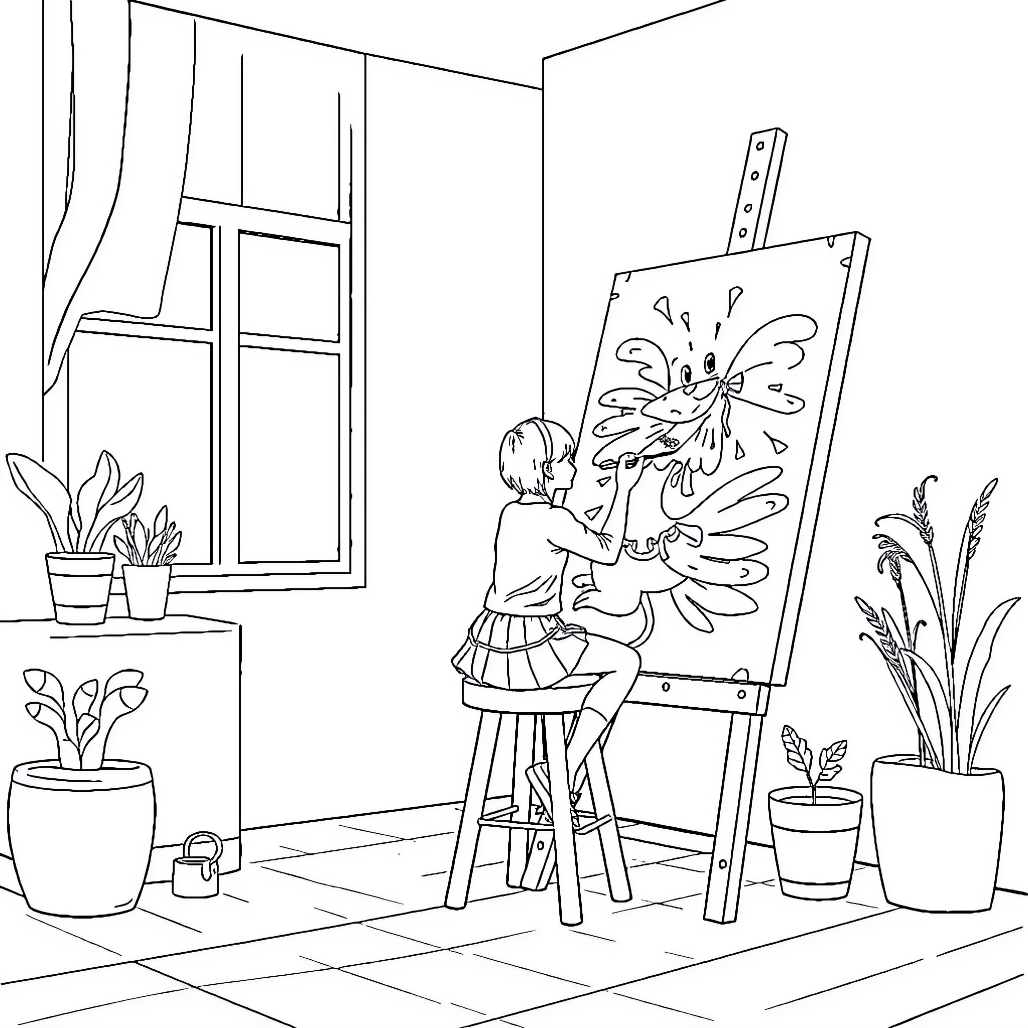 Girl Painting a Colorful Floral Artwork in Room Coloring Page (free black-and-white line drawing printable PDF for all, from beginners to advanced learners, including children, teens, adults, and seniors)