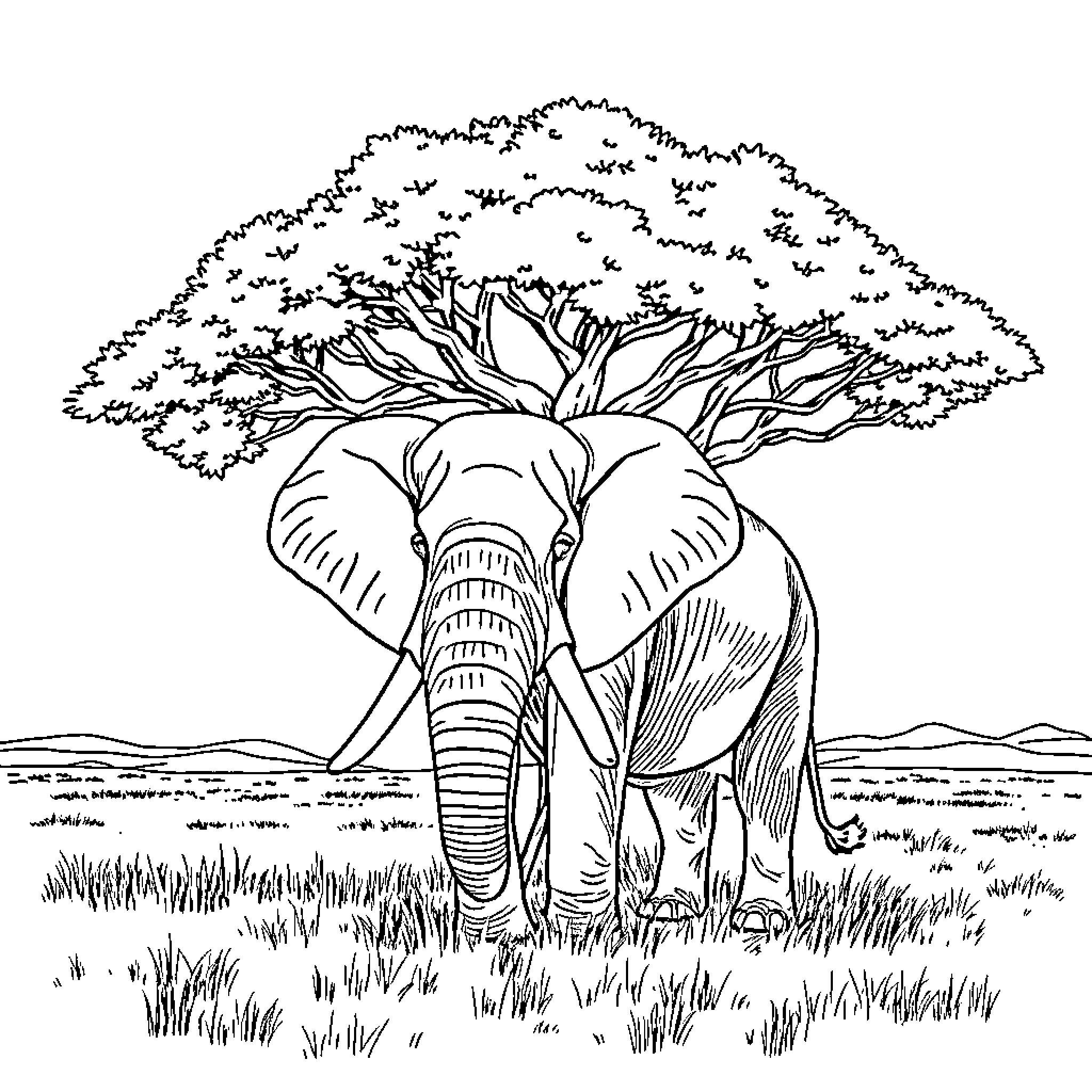Elephant resting under a large tree Coloring Page (free black-and-white line drawing printable PDF for all, from beginners to advanced learners, including children, teens, adults, and seniors)