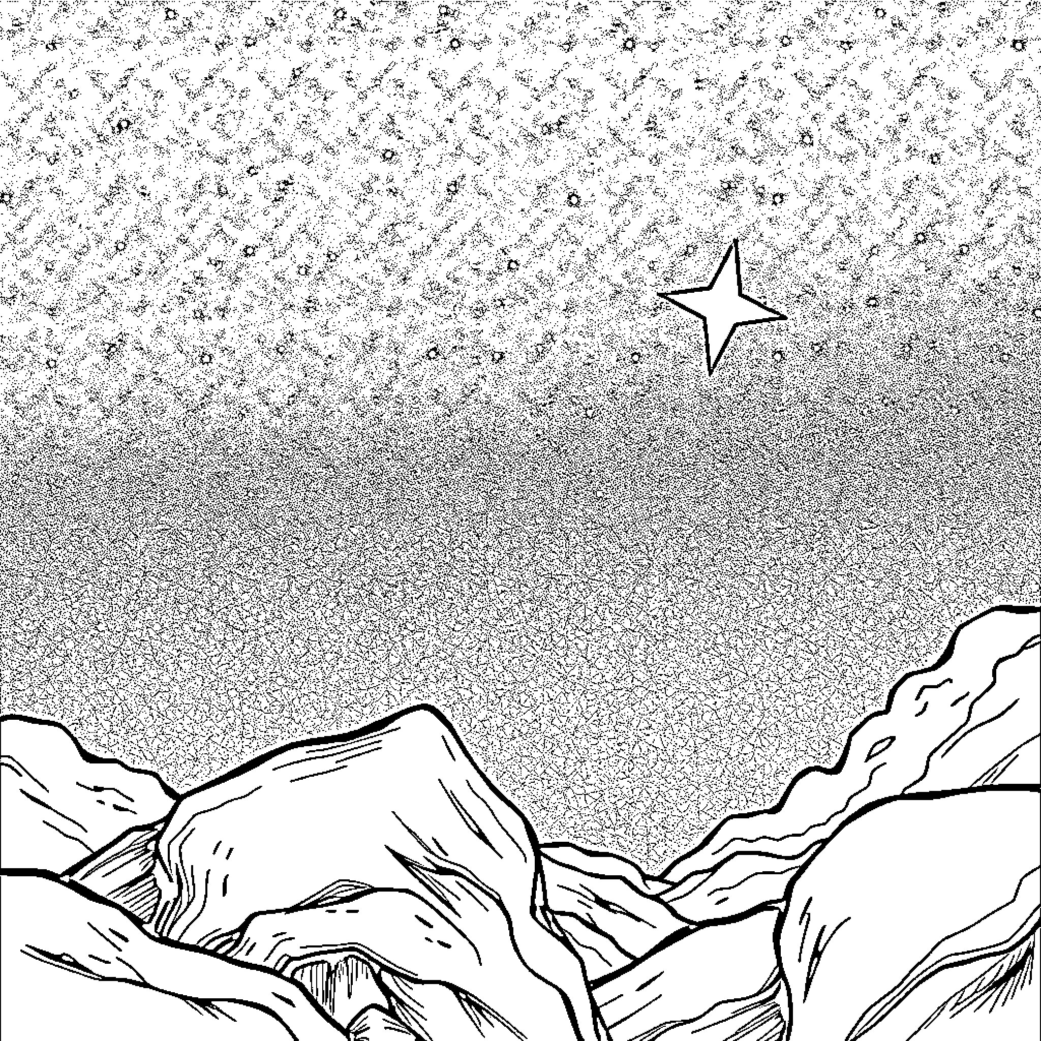 Devil Star Shining Over Rugged Mountainous Landscape Coloring Page (free black-and-white line drawing printable PDF for all, from beginners to advanced learners, including children, teens, adults, and seniors)
