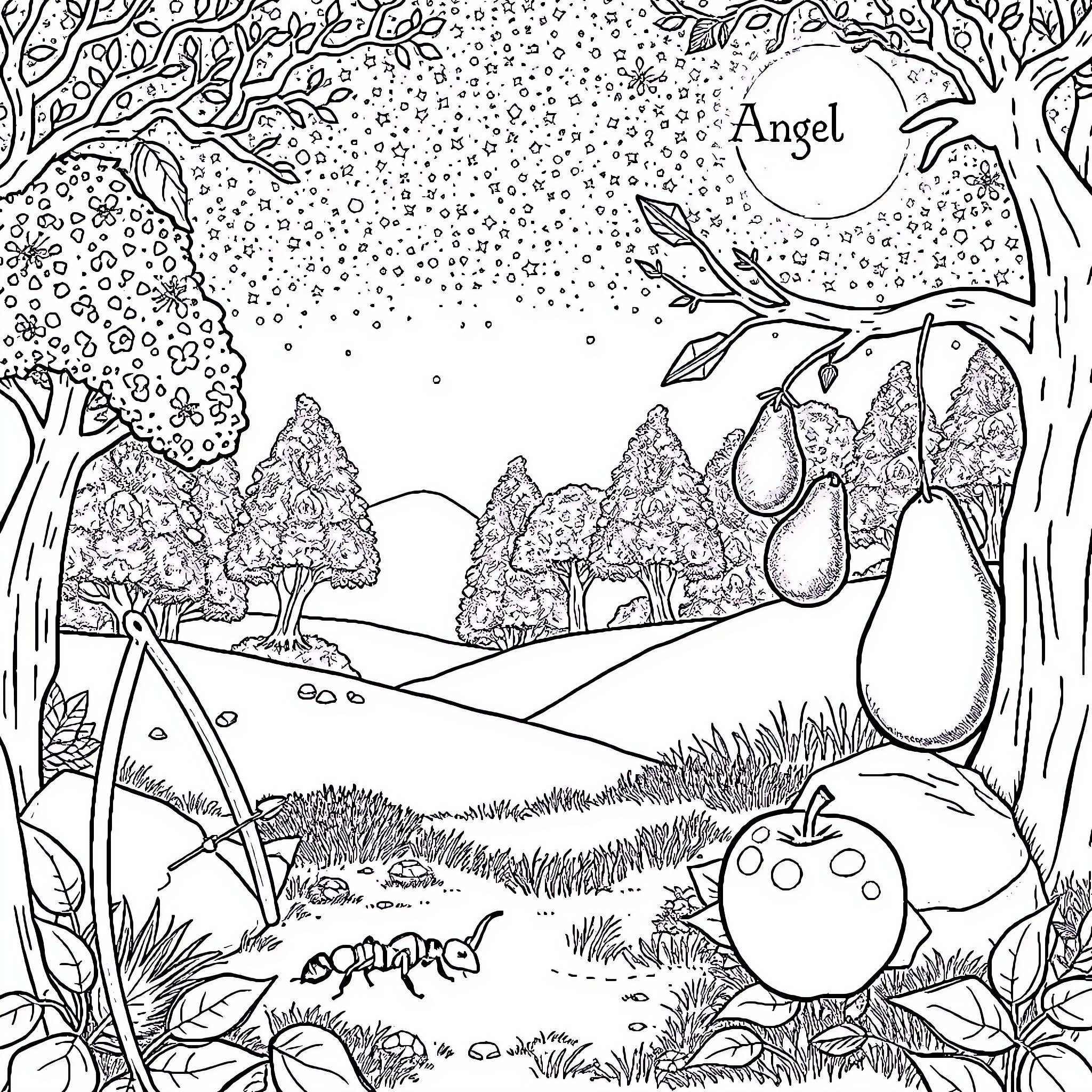 Fairy creatures explore enchanted forest landscape Coloring Page (free black-and-white line drawing printable PDF for all, from beginners to advanced learners, including children, teens, adults, and seniors)