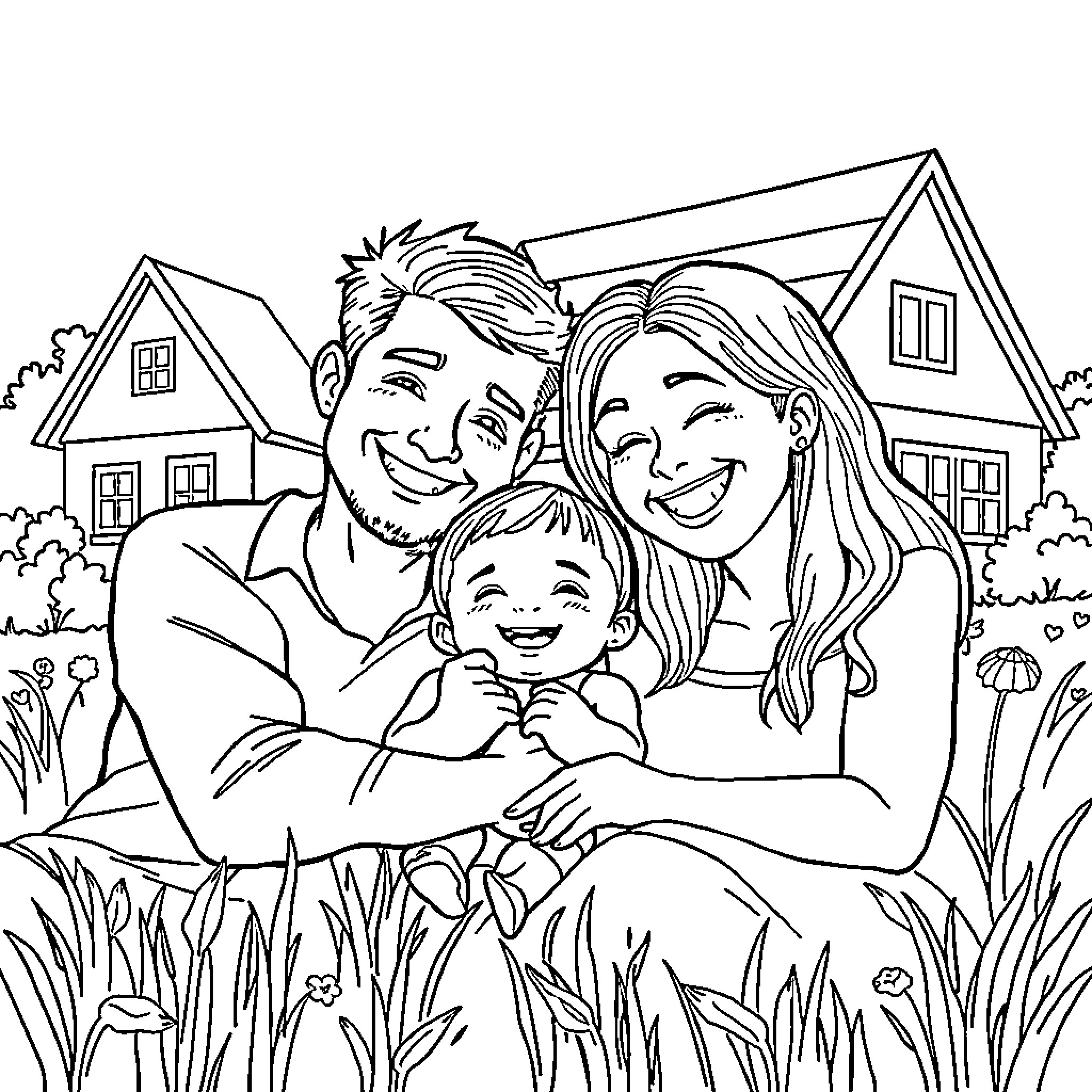 Family enjoying a happy day outdoors Coloring Page (free black-and-white line drawing printable PDF for all, from beginners to advanced learners, including children, teens, adults, and seniors)