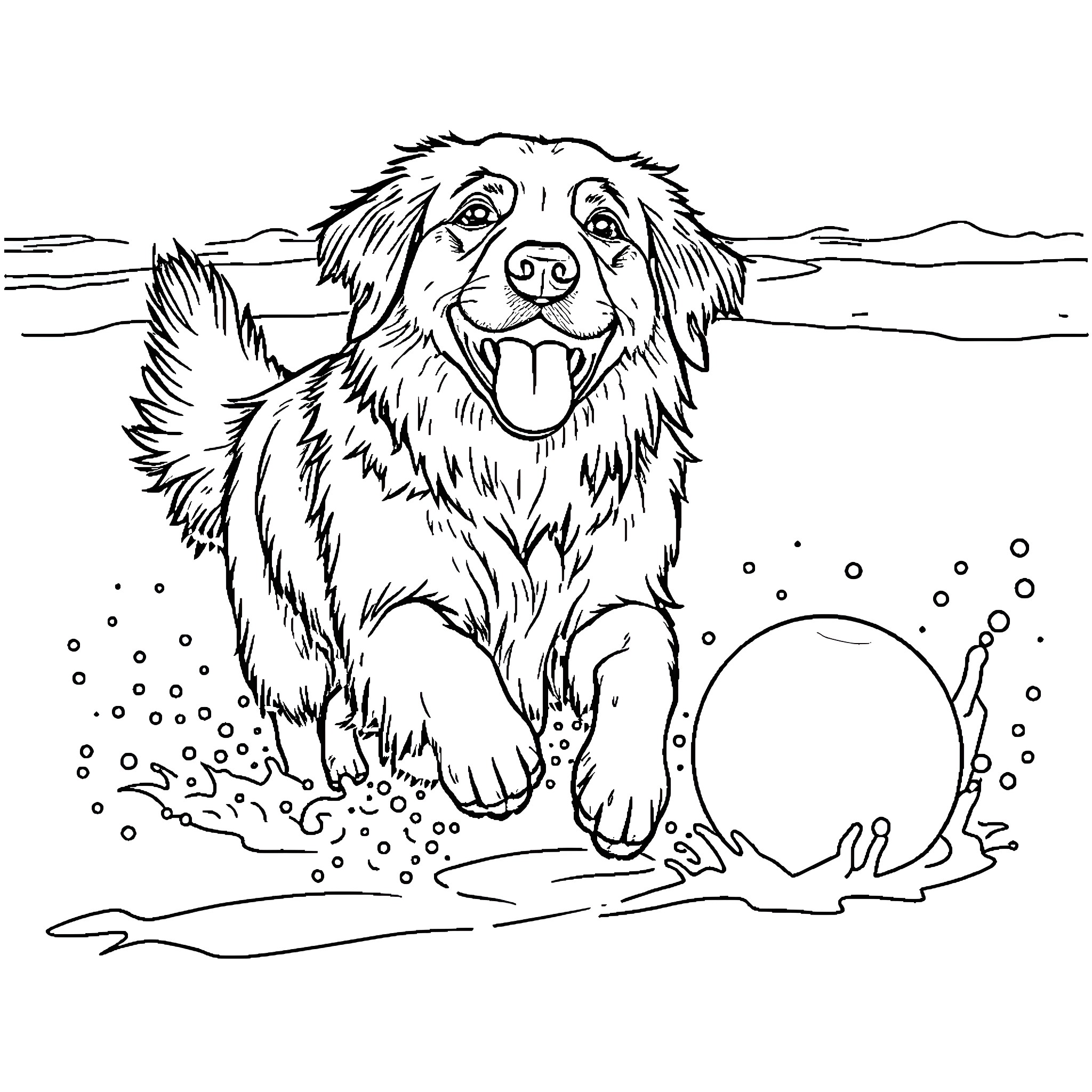 Golden Retriever Playing in the Snow Coloring Page (free black-and-white line drawing printable PDF for all, from beginners to advanced learners, including children, teens, adults, and seniors)