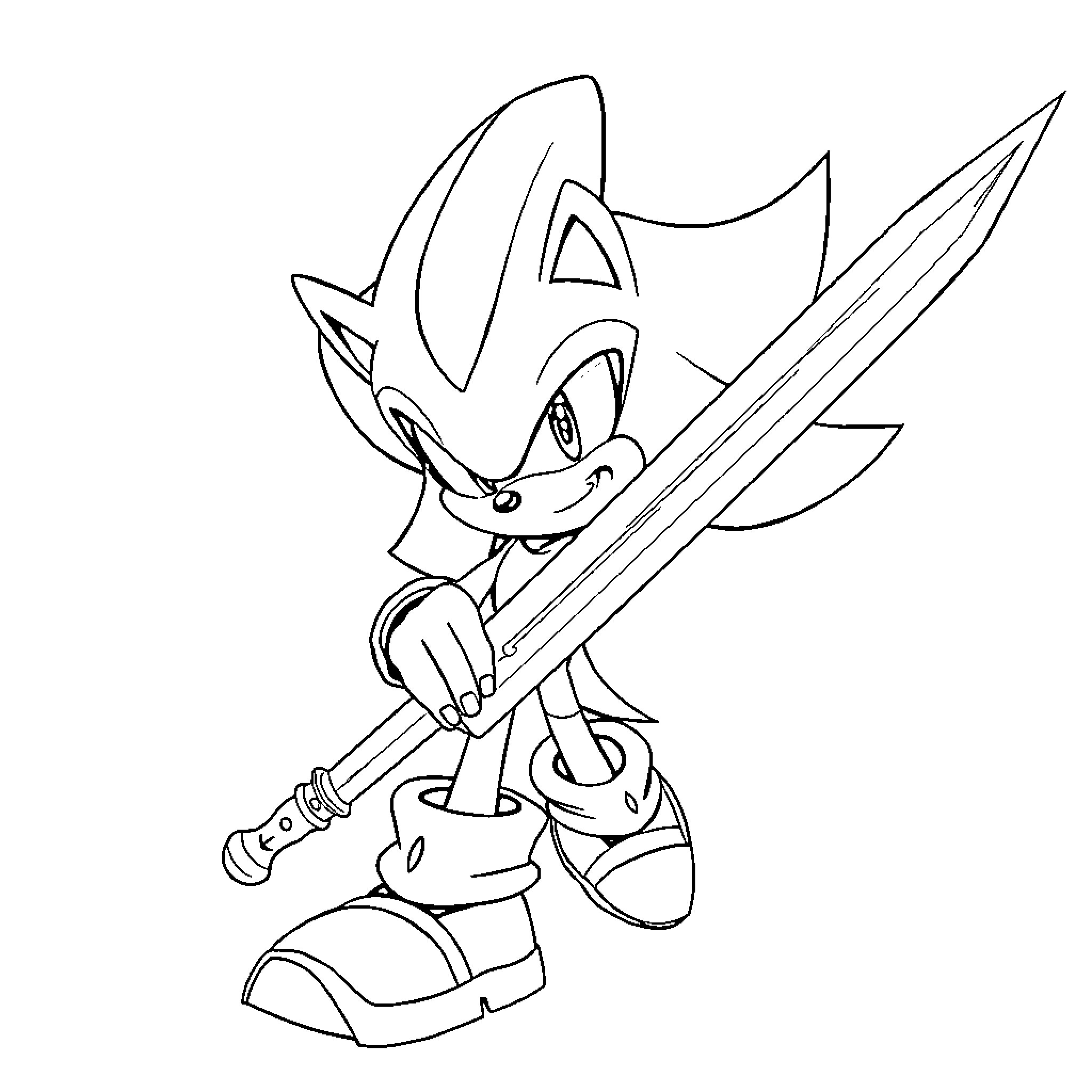 Shadow Warrior Hedgehog with Sword Coloring Page (free black-and-white line drawing printable PDF for all, from beginners to advanced learners, including children, teens, adults, and seniors)