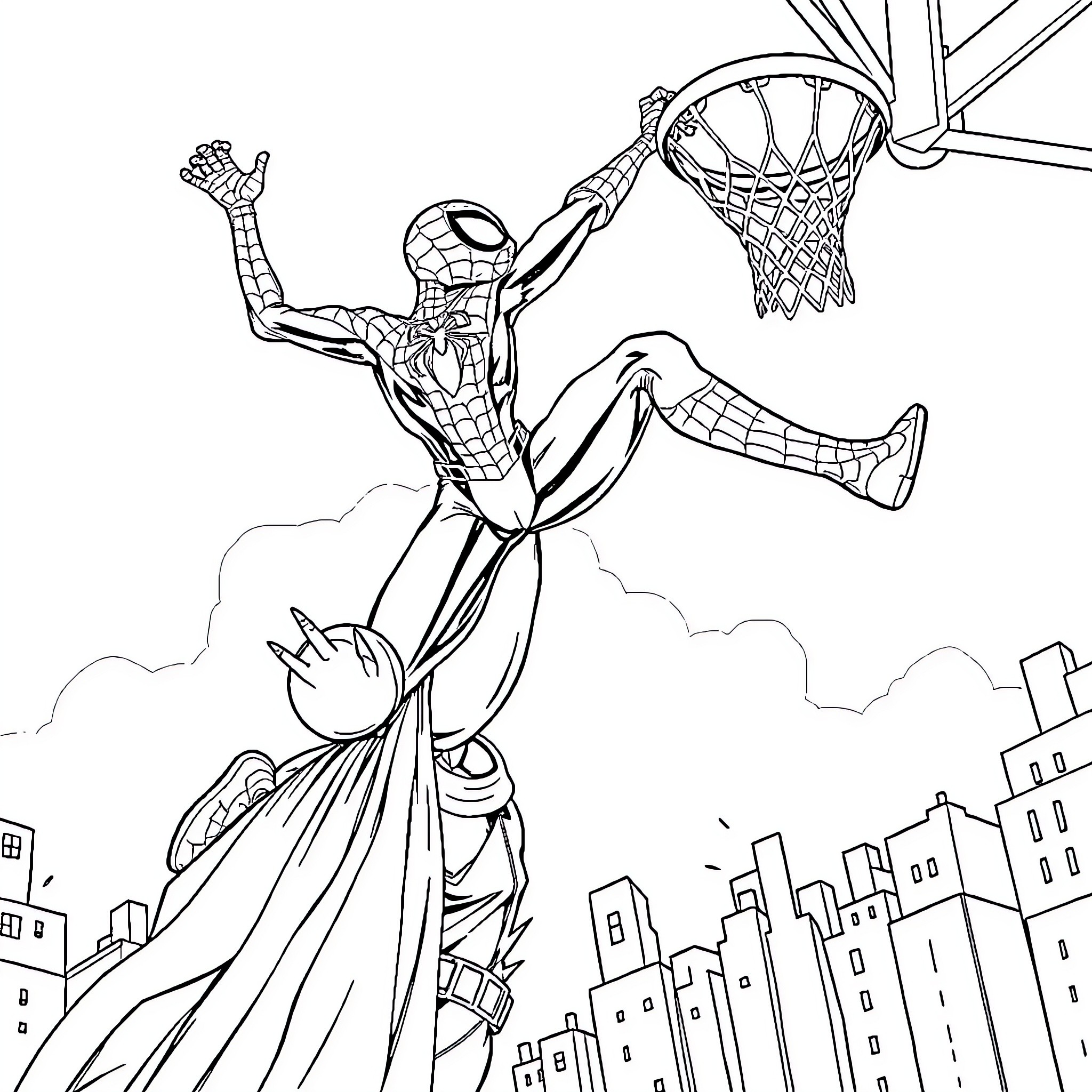 Spiderman swinging above the city with action pose Coloring Page (free black-and-white line drawing printable PDF for all, from beginners to advanced learners, including children, teens, adults, and seniors)
