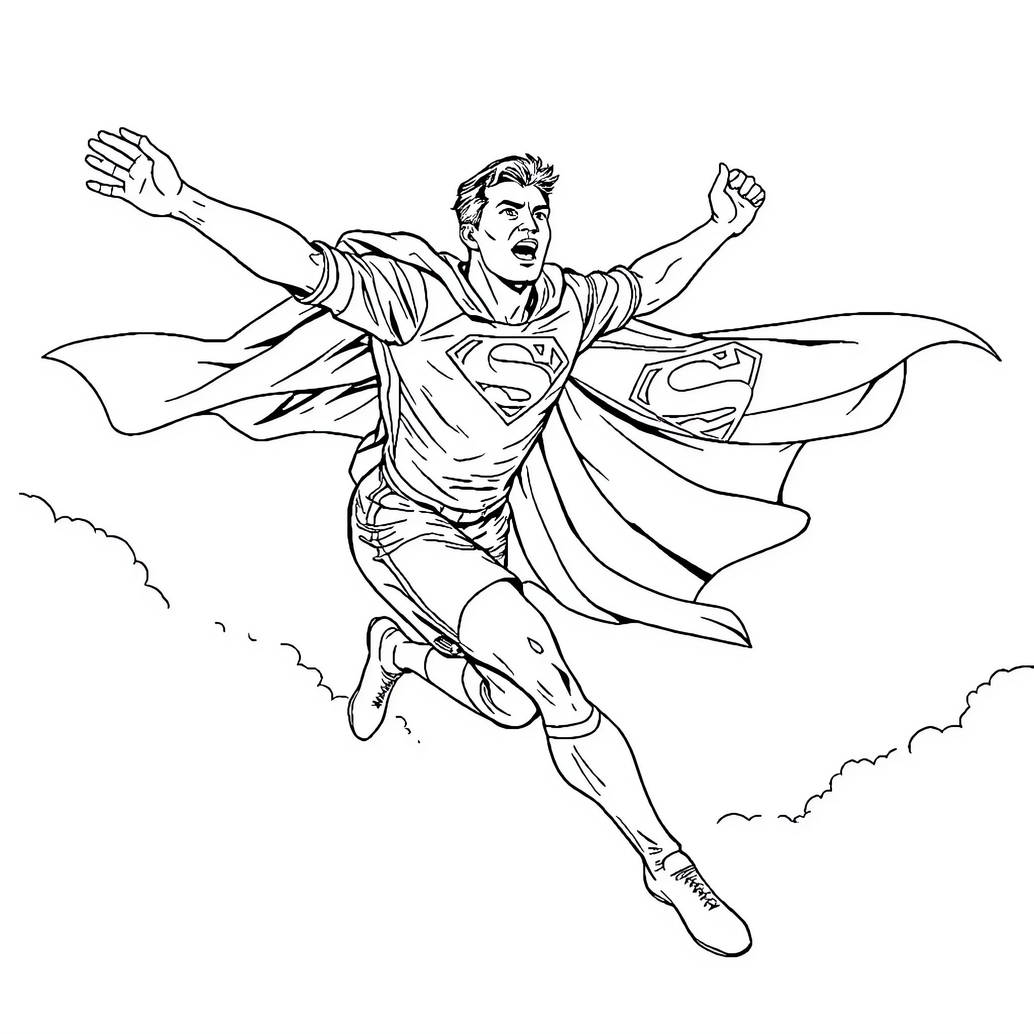 Cristiano Ronaldo as the iconic superhero in flight Coloring Page (free black-and-white line drawing printable PDF for all, from beginners to advanced learners, including children, teens, adults, and seniors)