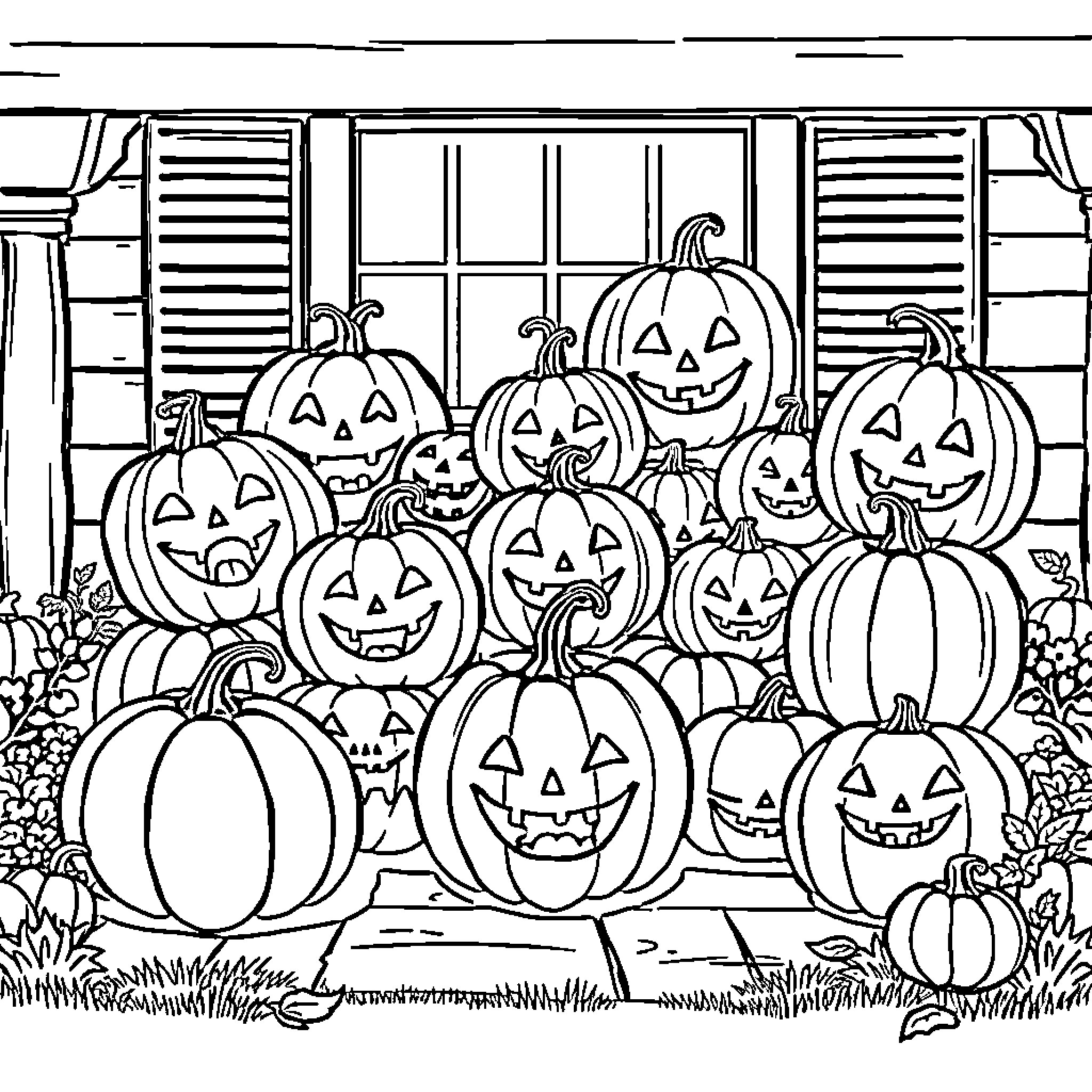 Pumpkins gathered for a Halloween celebration Coloring Page (free black-and-white line drawing printable PDF for all, from beginners to advanced learners, including children, teens, adults, and seniors)