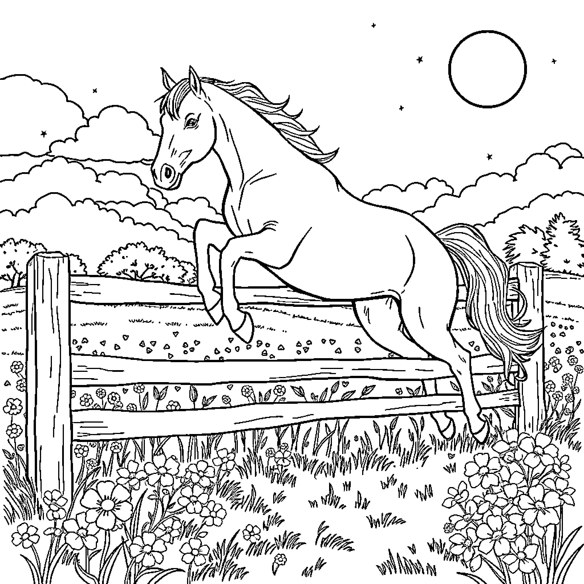 Horse galloping in a pastoral landscape Coloring Page (free black-and-white line drawing printable PDF for all, from beginners to advanced learners, including children, teens, adults, and seniors)