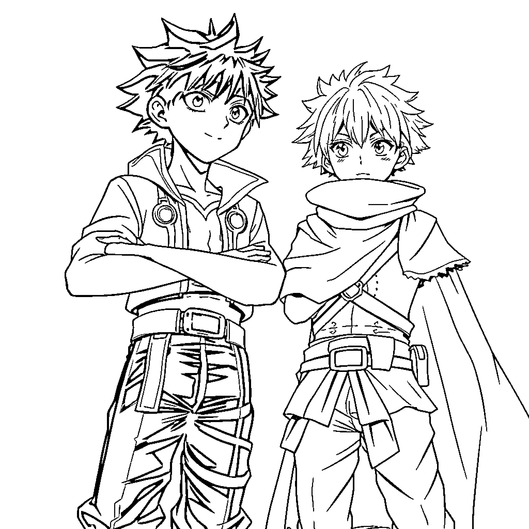 Asta and Yuno in Determined Stances Coloring Page (free black-and-white line drawing printable PDF for all, from beginners to advanced learners, including children, teens, adults, and seniors)