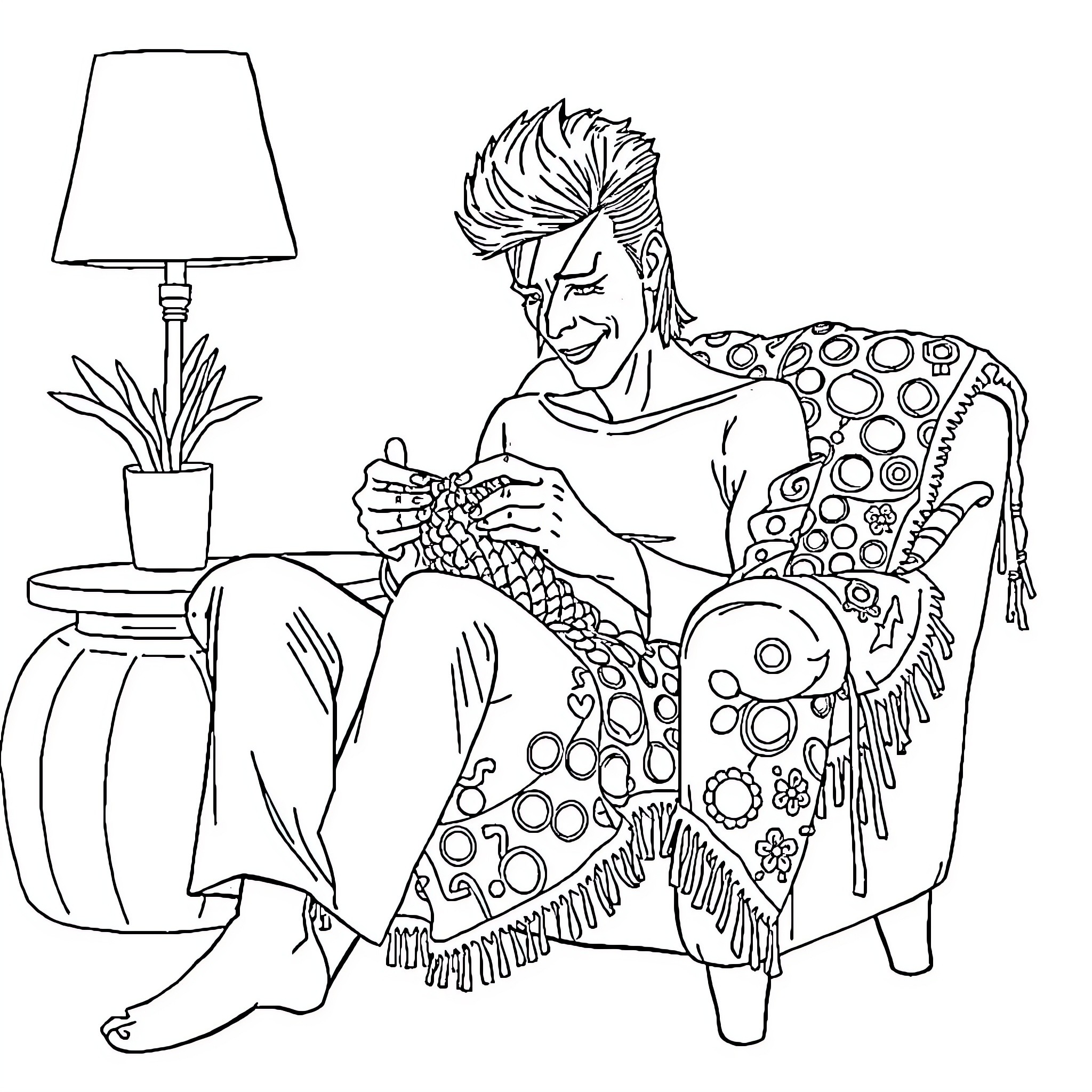 David Bowie Relaxing in Eclectic Armchair Coloring Page (free black-and-white line drawing printable PDF for all, from beginners to advanced learners, including children, teens, adults, and seniors)