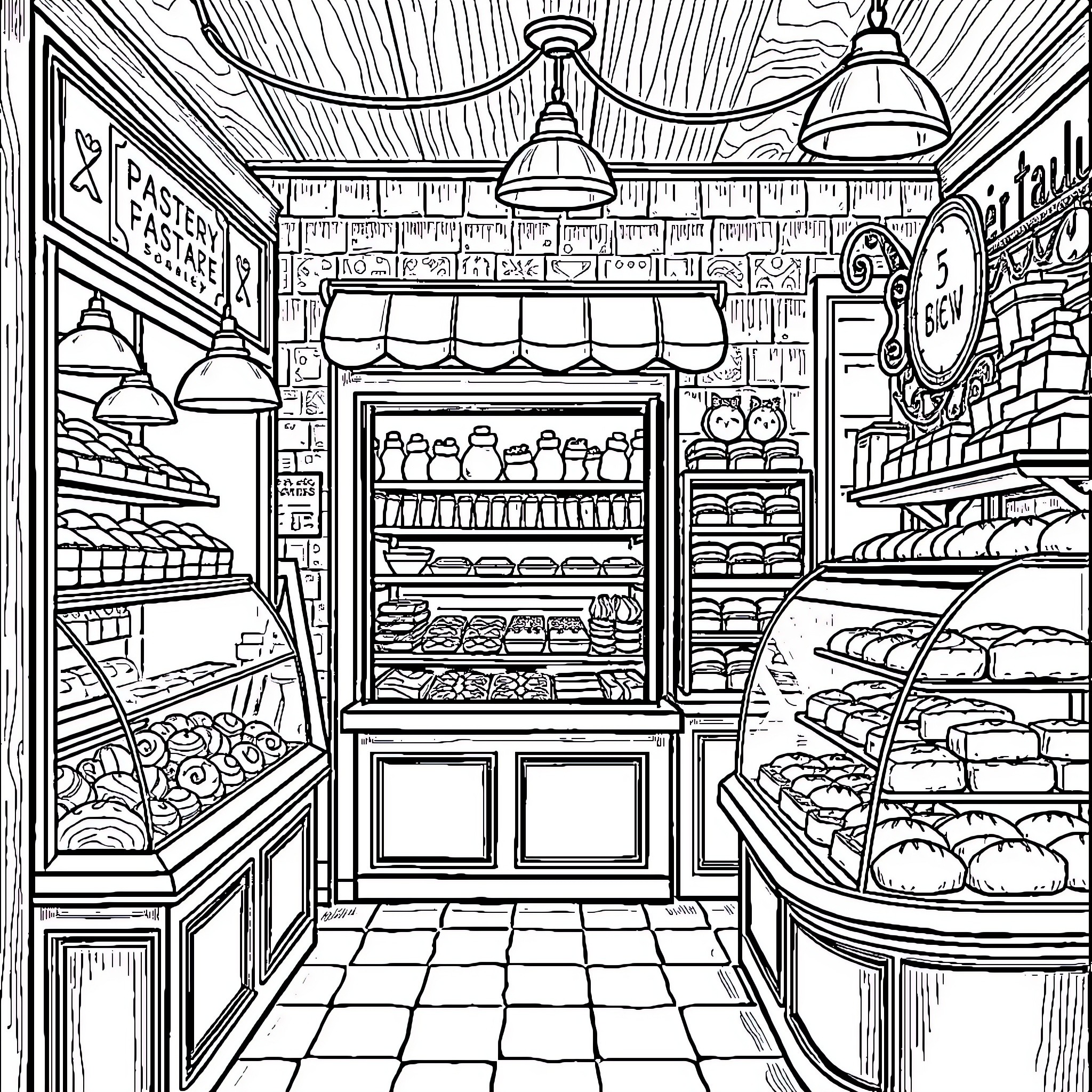 Pastry Shop Interior with Variety of Baked Goods Coloring Page (free black-and-white line drawing printable PDF for all, from beginners to advanced learners, including children, teens, adults, and seniors)