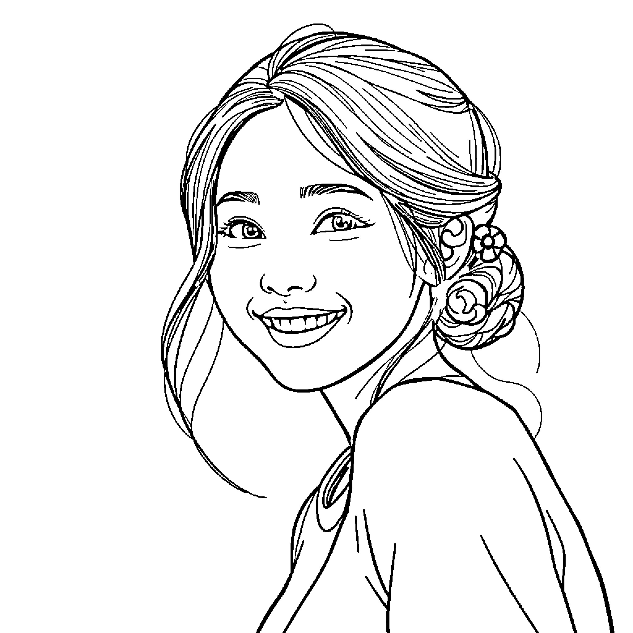 Mai Thu's Cheerful Portrait Coloring Page (free black-and-white line drawing printable PDF for all, from beginners to advanced learners, including children, teens, adults, and seniors)