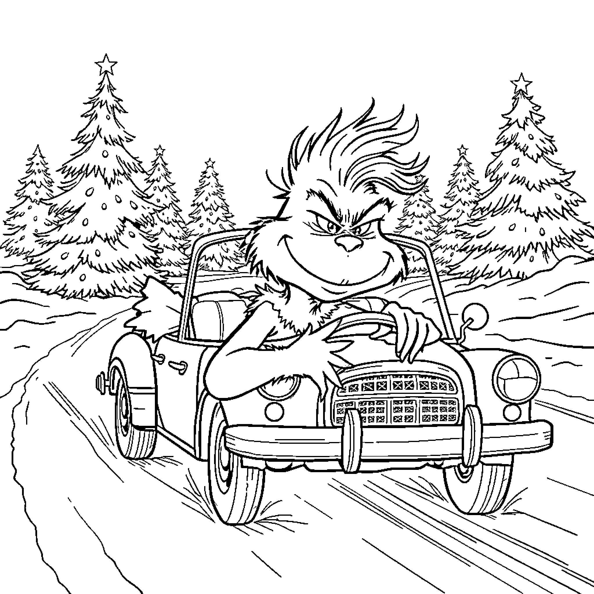 Grinch driving a car in a winter wonderland Coloring Page (free black-and-white line drawing printable PDF for all, from beginners to advanced learners, including children, teens, adults, and seniors)