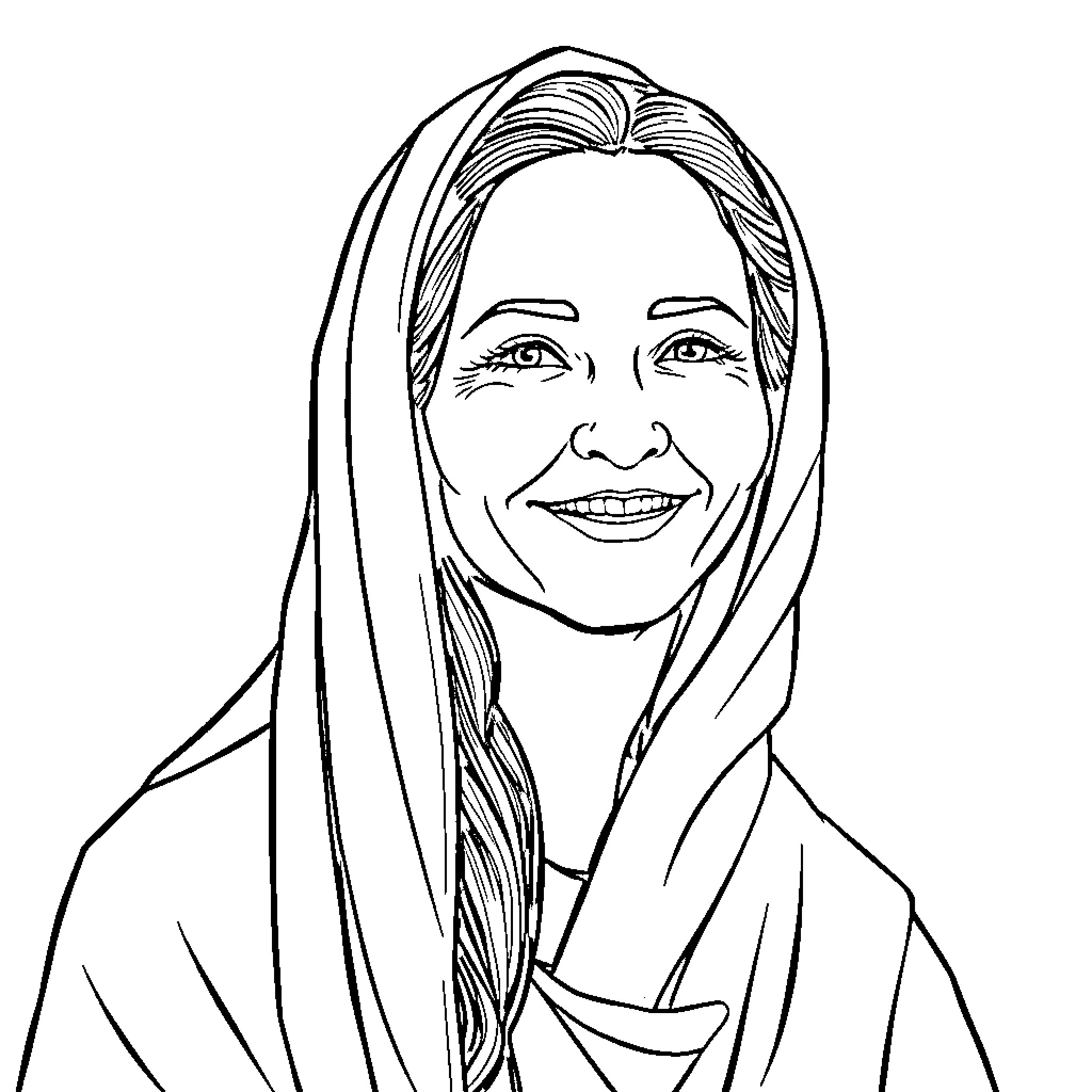 Milagros de Jesús: Smiling woman in a hooded robe Coloring Page (free black-and-white line drawing printable PDF for all, from beginners to advanced learners, including children, teens, adults, and seniors)