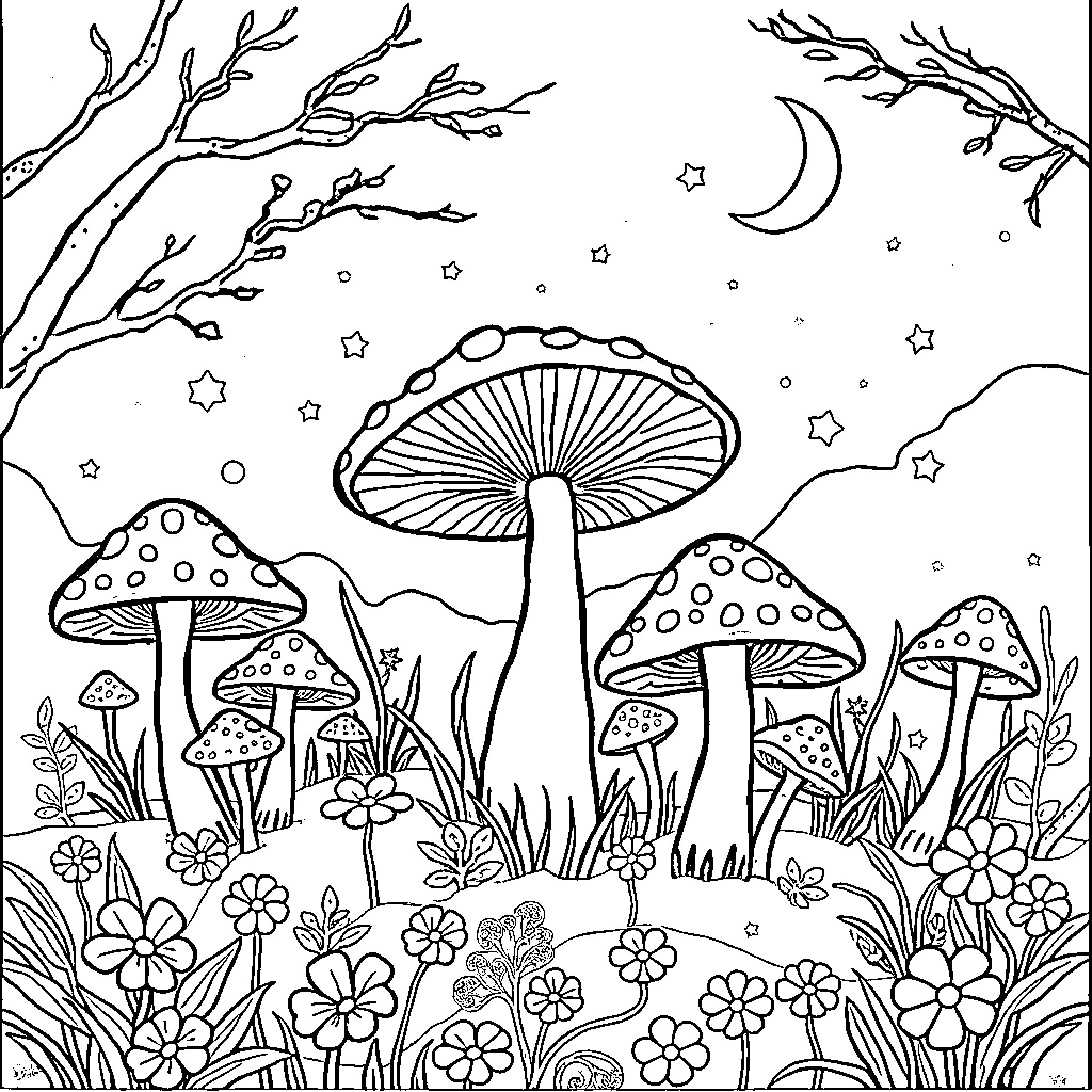 Mushroom Night Scene with Flowers and Stars Coloring Page (free black-and-white line drawing printable PDF for all, from beginners to advanced learners, including children, teens, adults, and seniors)
