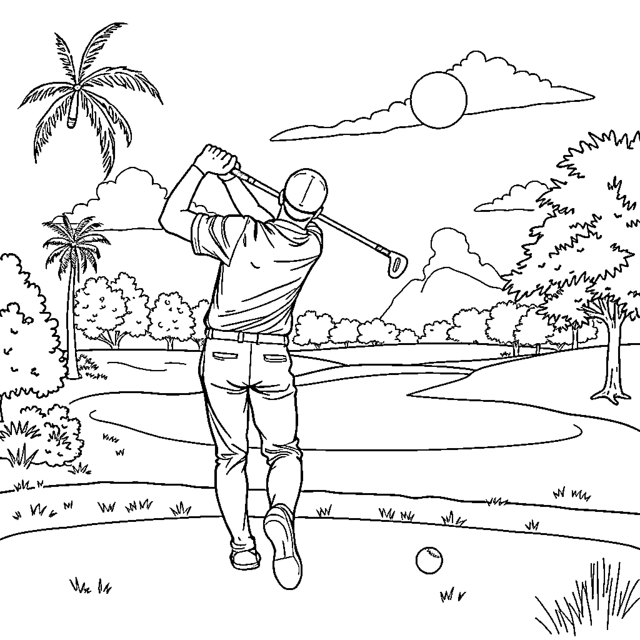 Baseball Player Swinging at Bat in Tropical Landscape Coloring Page (free black-and-white line drawing printable PDF for all, from beginners to advanced learners, including children, teens, adults, and seniors)