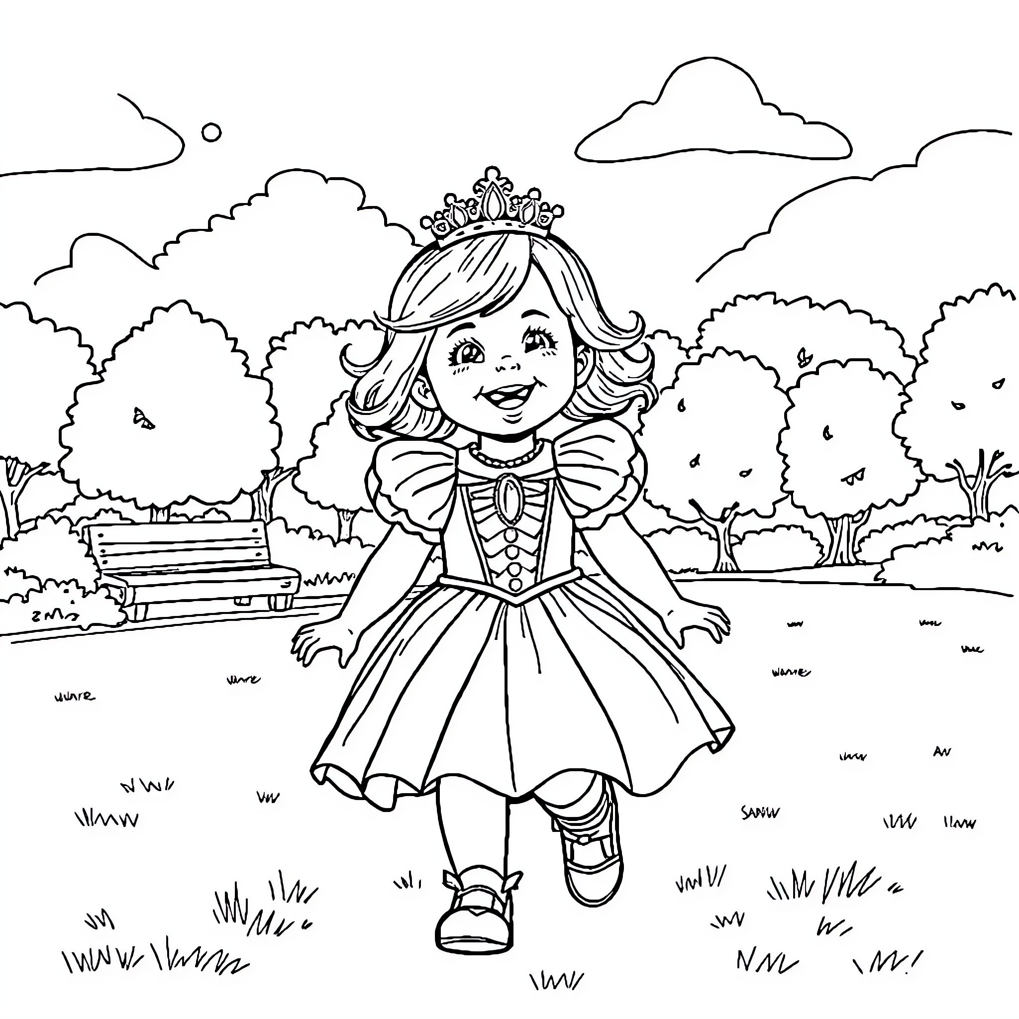 Princess Enjoying a Peaceful Park Stroll Coloring Page (free black-and-white line drawing printable PDF for all, from beginners to advanced learners, including children, teens, adults, and seniors)