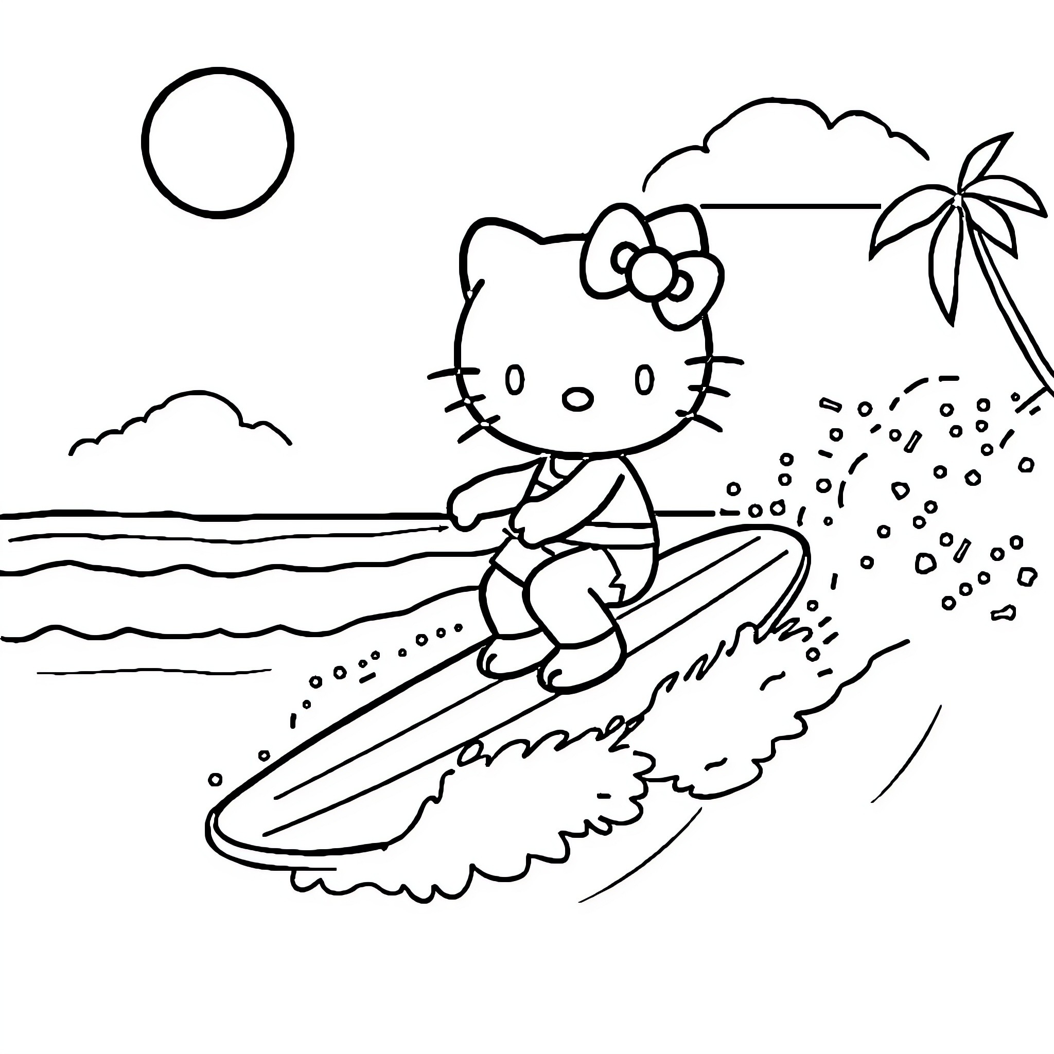 Hello Kitty surfing on the waves Coloring Page (free black-and-white line drawing printable PDF for all, from beginners to advanced learners, including children, teens, adults, and seniors)