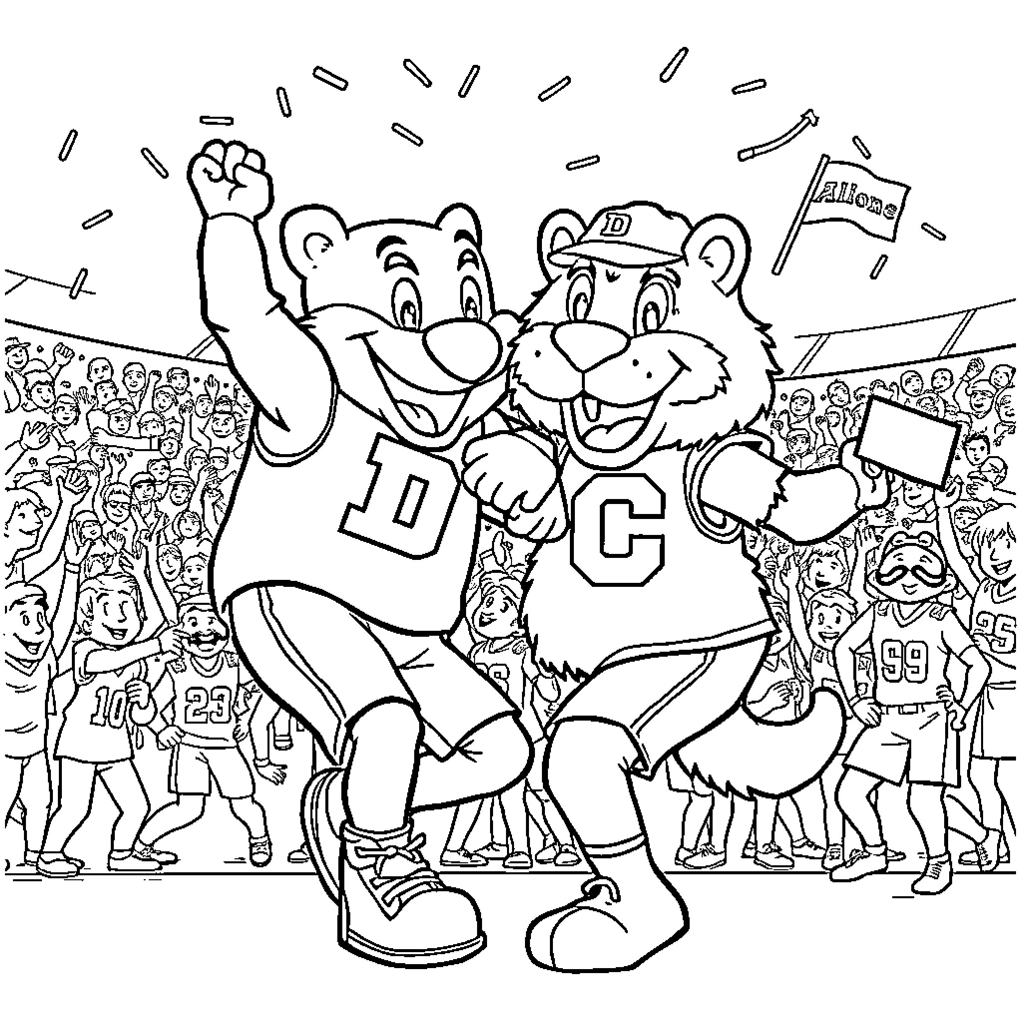 Mascot cheers excitedly with a crowd of fans Coloring Page (free black-and-white line drawing printable PDF for all, from beginners to advanced learners, including children, teens, adults, and seniors)