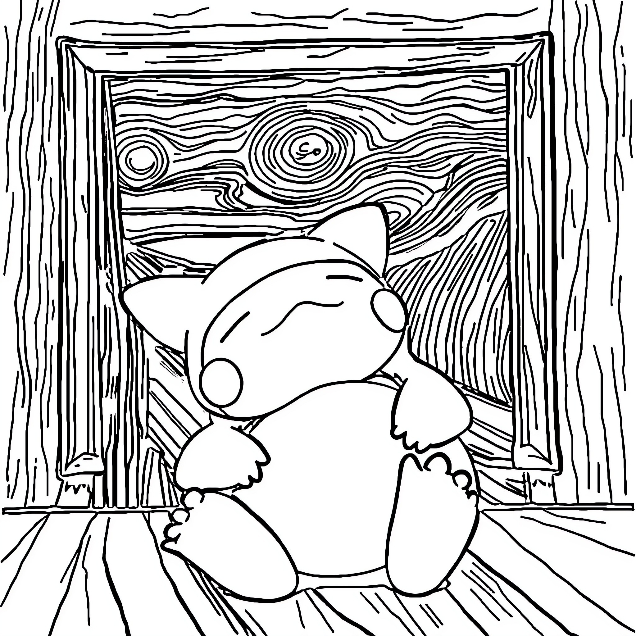 Snorlax napping in a cozy forest den Coloring Page (free black-and-white line drawing printable PDF for all, from beginners to advanced learners, including children, teens, adults, and seniors)