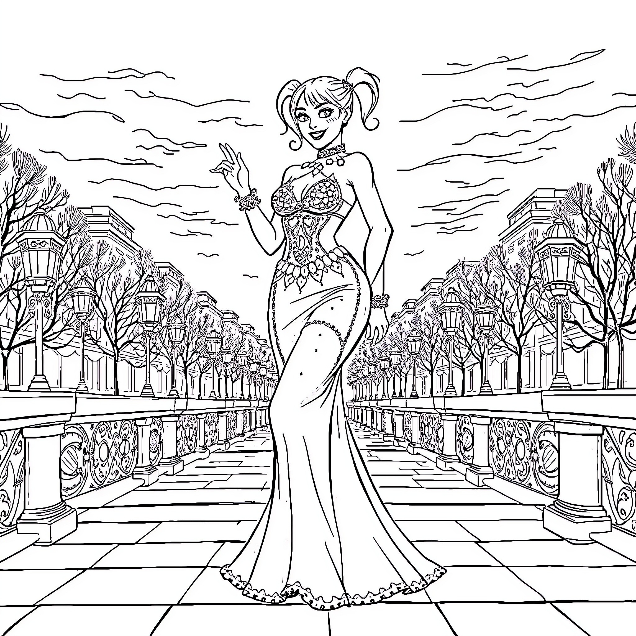 Harley Quinn's Glamorous Parade Appearance Coloring Page (free black-and-white line drawing printable PDF for all, from beginners to advanced learners, including children, teens, adults, and seniors)