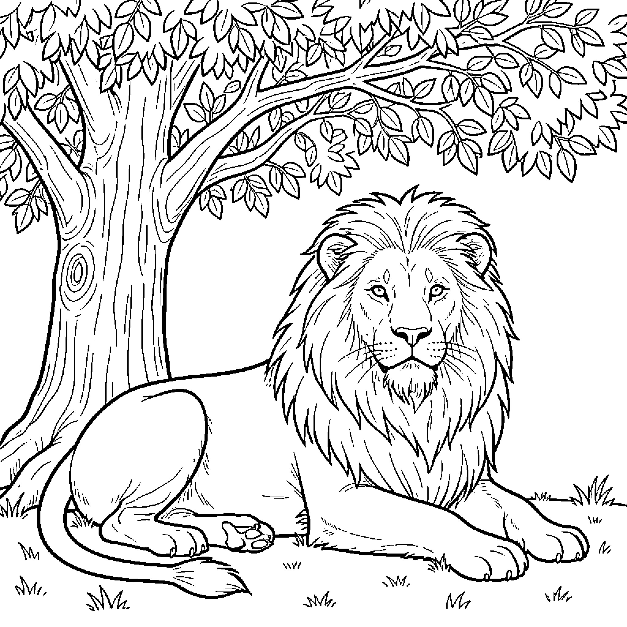 Lion resting peacefully in a lush forest Coloring Page (free black-and-white line drawing printable PDF for all, from beginners to advanced learners, including children, teens, adults, and seniors)