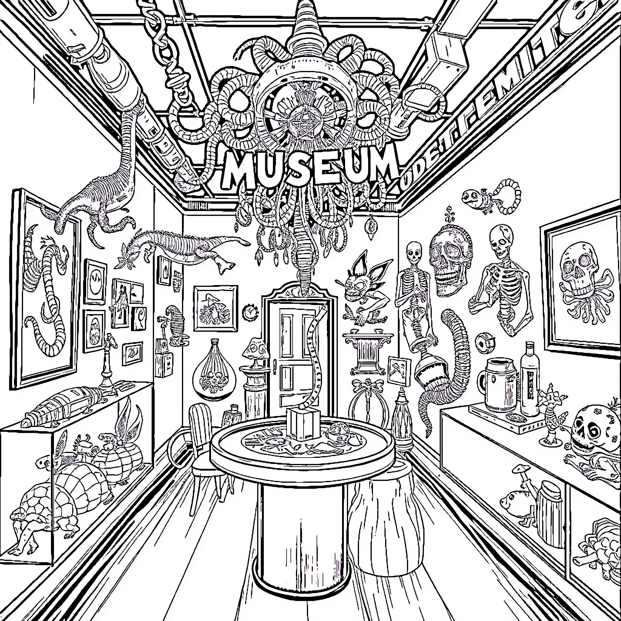 Oddities of a Peculiar Museum Coloring Page (free black-and-white line drawing printable PDF for all, from beginners to advanced learners, including children, teens, adults, and seniors)