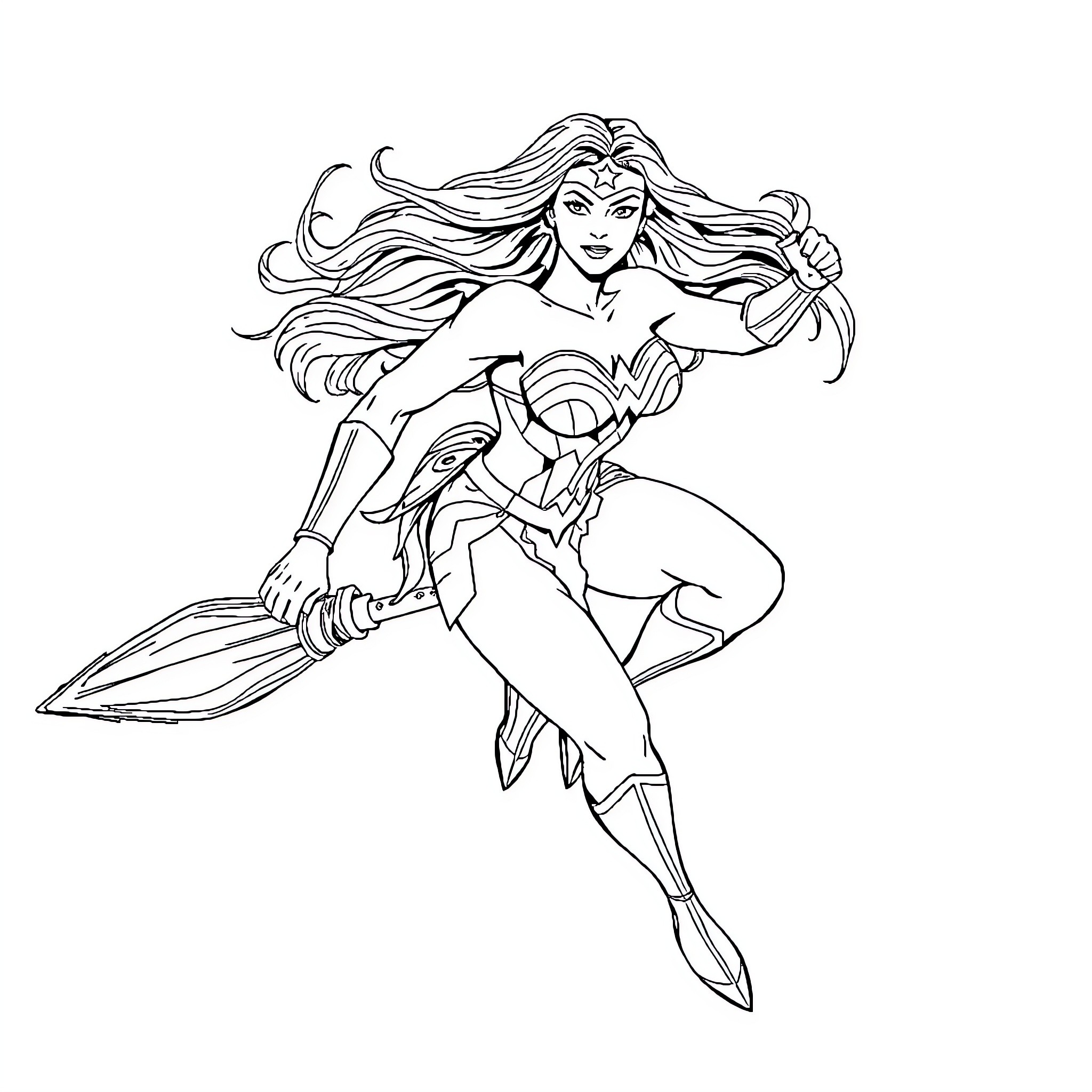 Wonder Woman in Action Pose with Sword Coloring Page (free black-and-white line drawing printable PDF for all, from beginners to advanced learners, including children, teens, adults, and seniors)