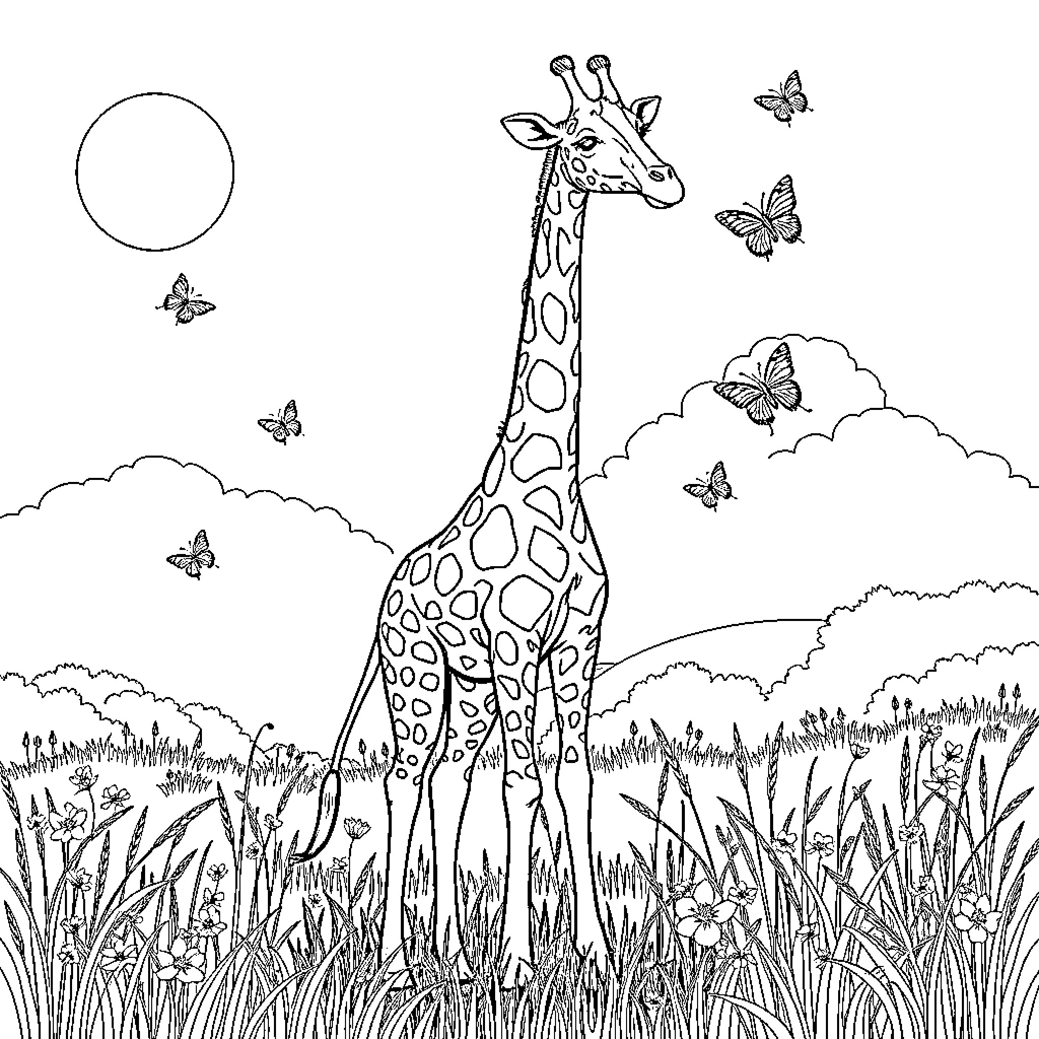Giraffe amidst butterflies and nature Coloring Page (free black-and-white line drawing printable PDF for all, from beginners to advanced learners, including children, teens, adults, and seniors)