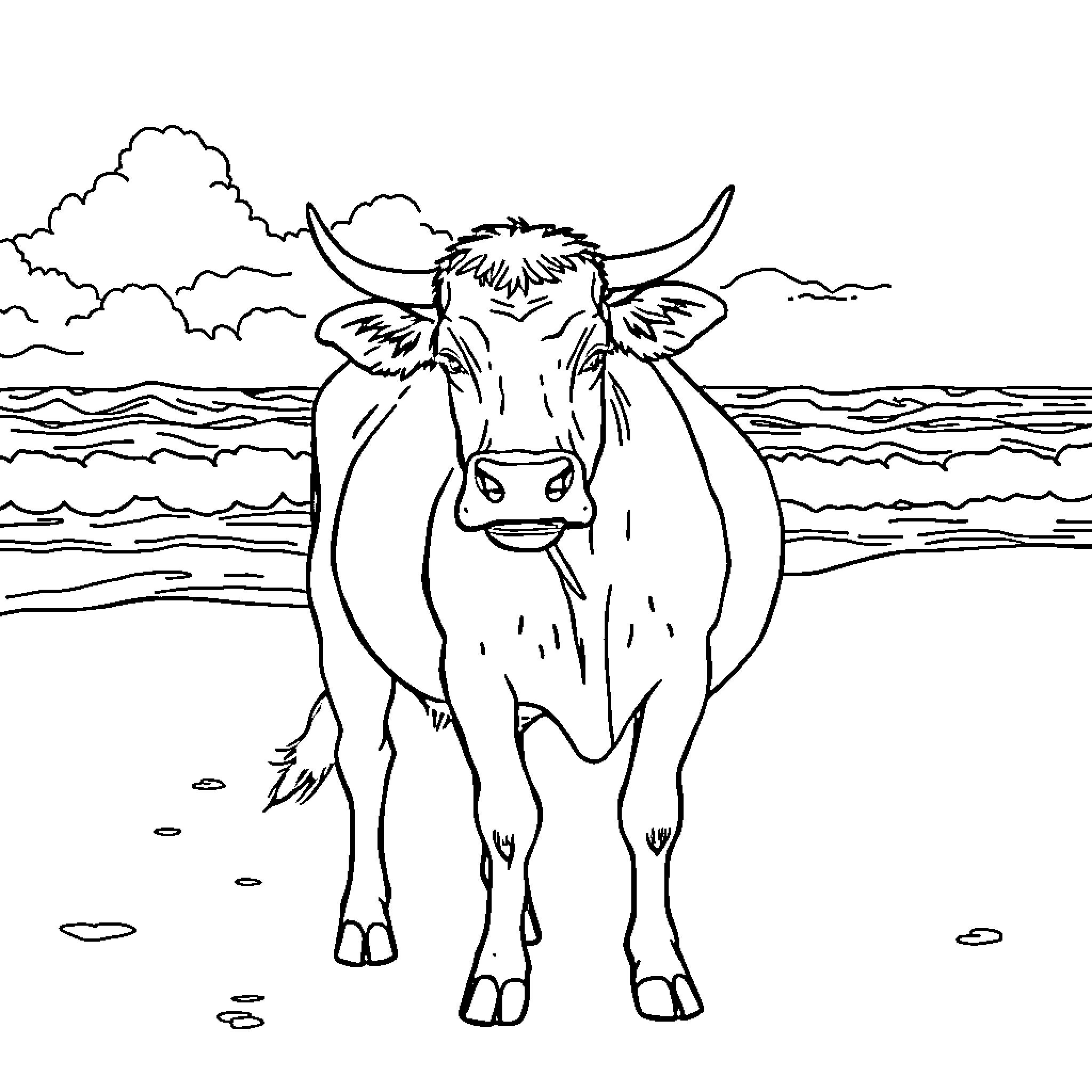 Cow standing near ocean with clouds Coloring Page (free black-and-white line drawing printable PDF for all, from beginners to advanced learners, including children, teens, adults, and seniors)