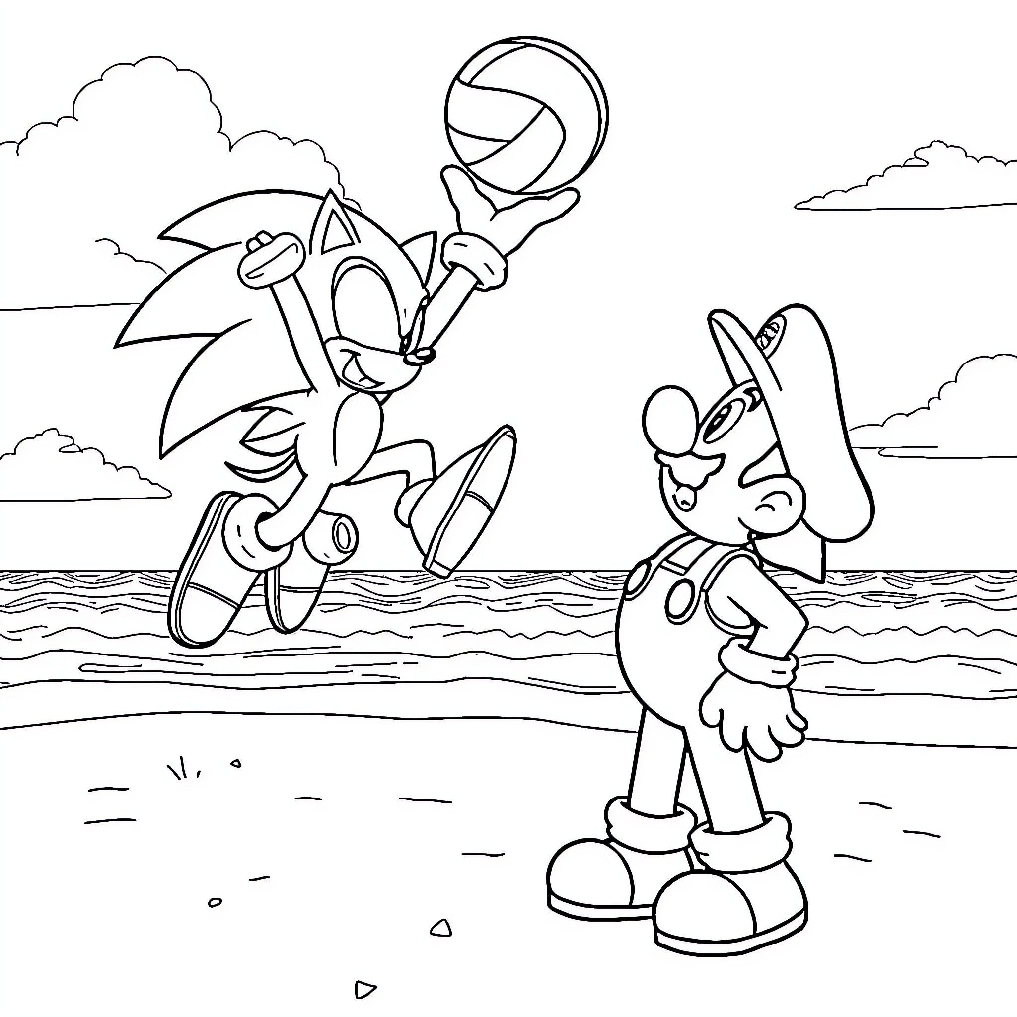 Sonic and friends playing on the beach Coloring Page (free black-and-white line drawing printable PDF for all, from beginners to advanced learners, including children, teens, adults, and seniors)