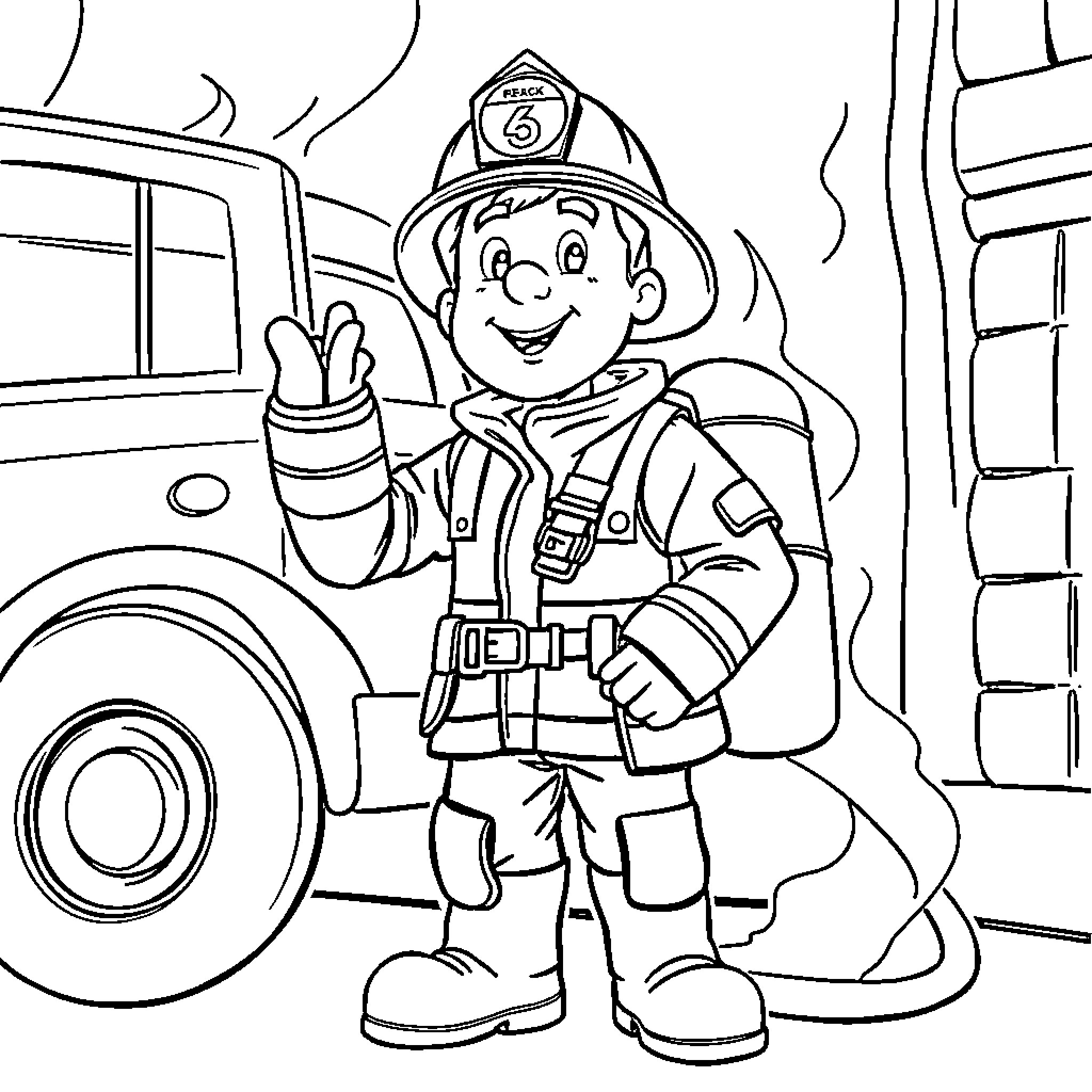 Fireman Sam Waving at the Fire Truck Coloring Page (free black-and-white line drawing printable PDF for all, from beginners to advanced learners, including children, teens, adults, and seniors)