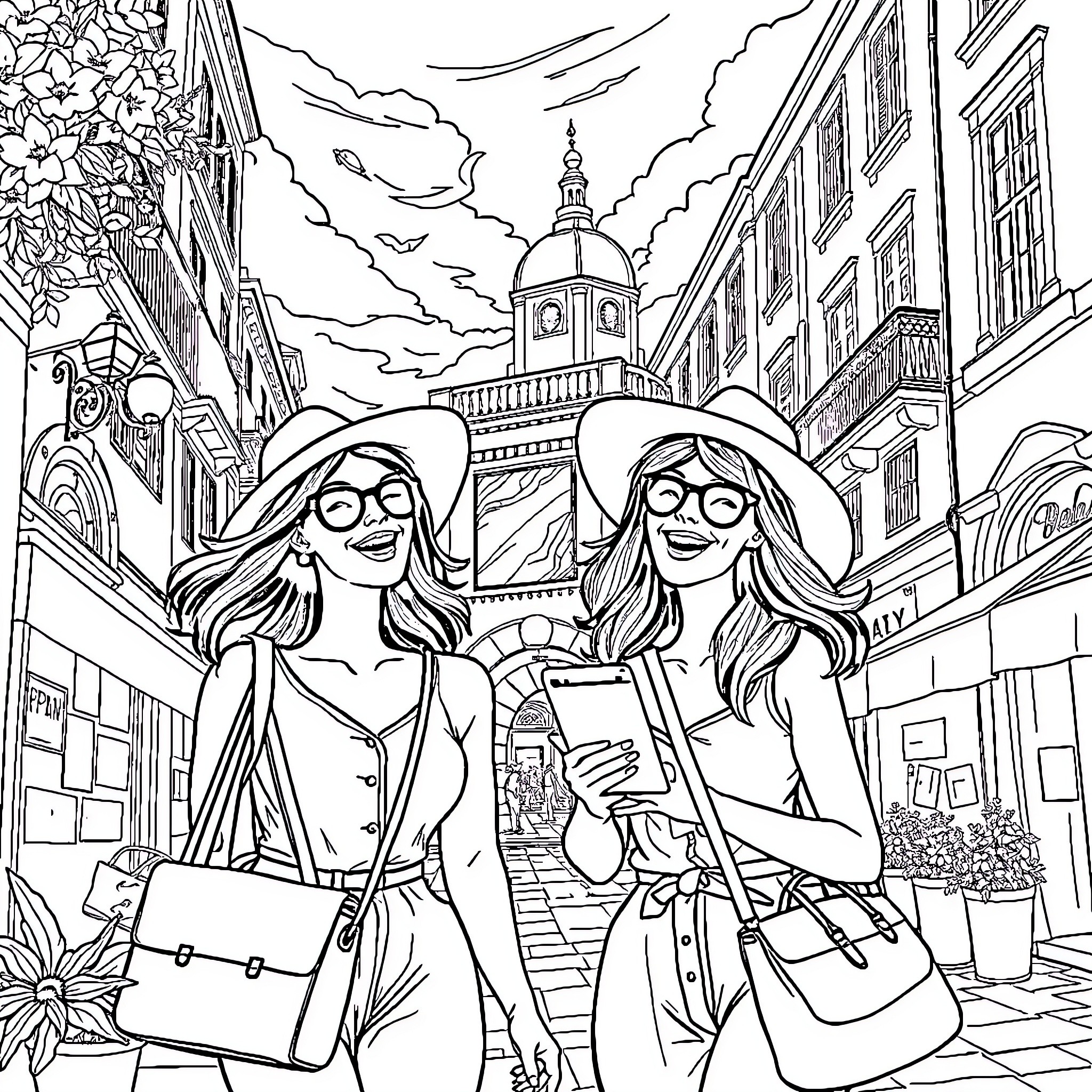 Lady friends exploring city streets on a sunny day Coloring Page (free black-and-white line drawing printable PDF for all, from beginners to advanced learners, including children, teens, adults, and seniors)
