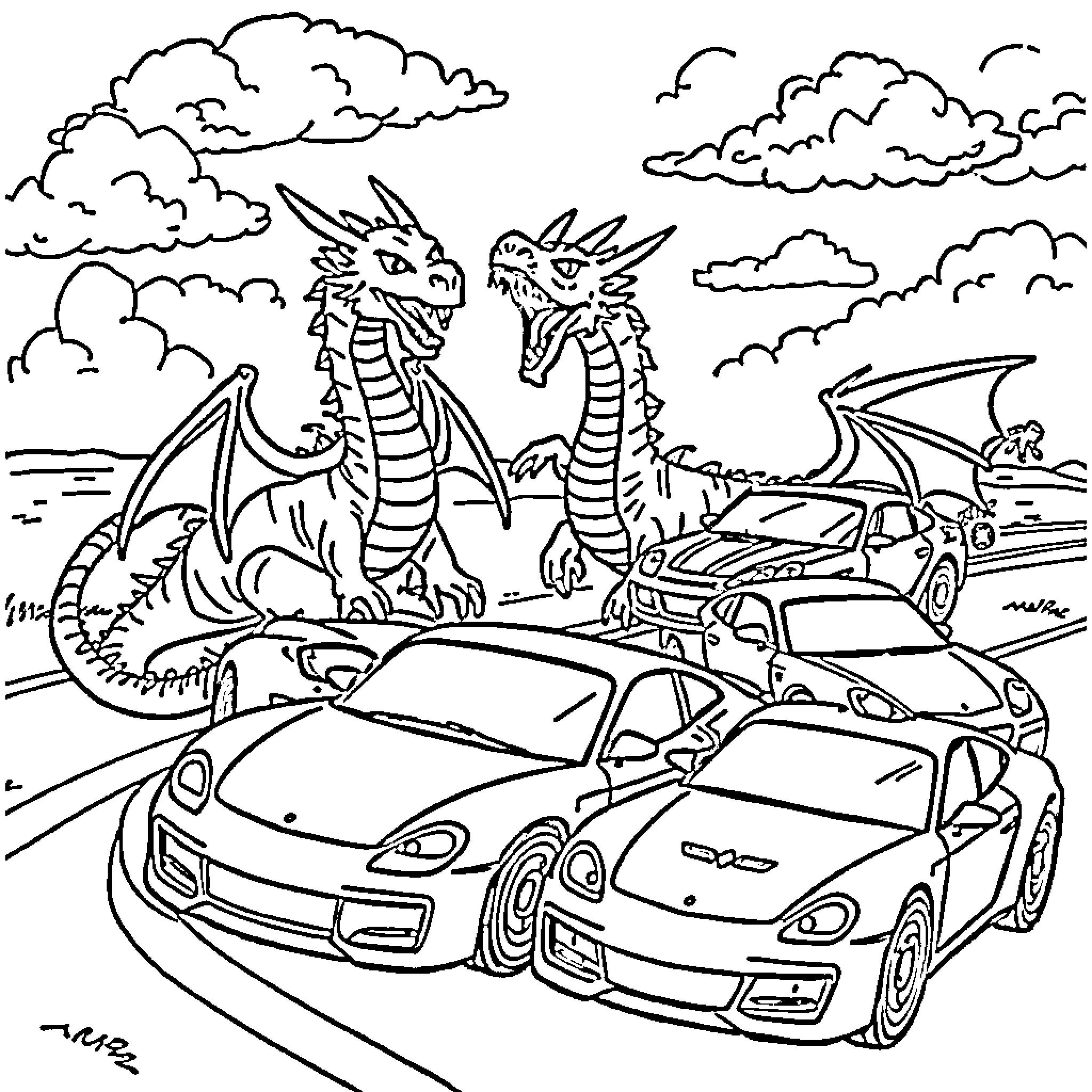 Dragon duo soaring over wrecked cars on road Coloring Page (free black-and-white line drawing printable PDF for all, from beginners to advanced learners, including children, teens, adults, and seniors)