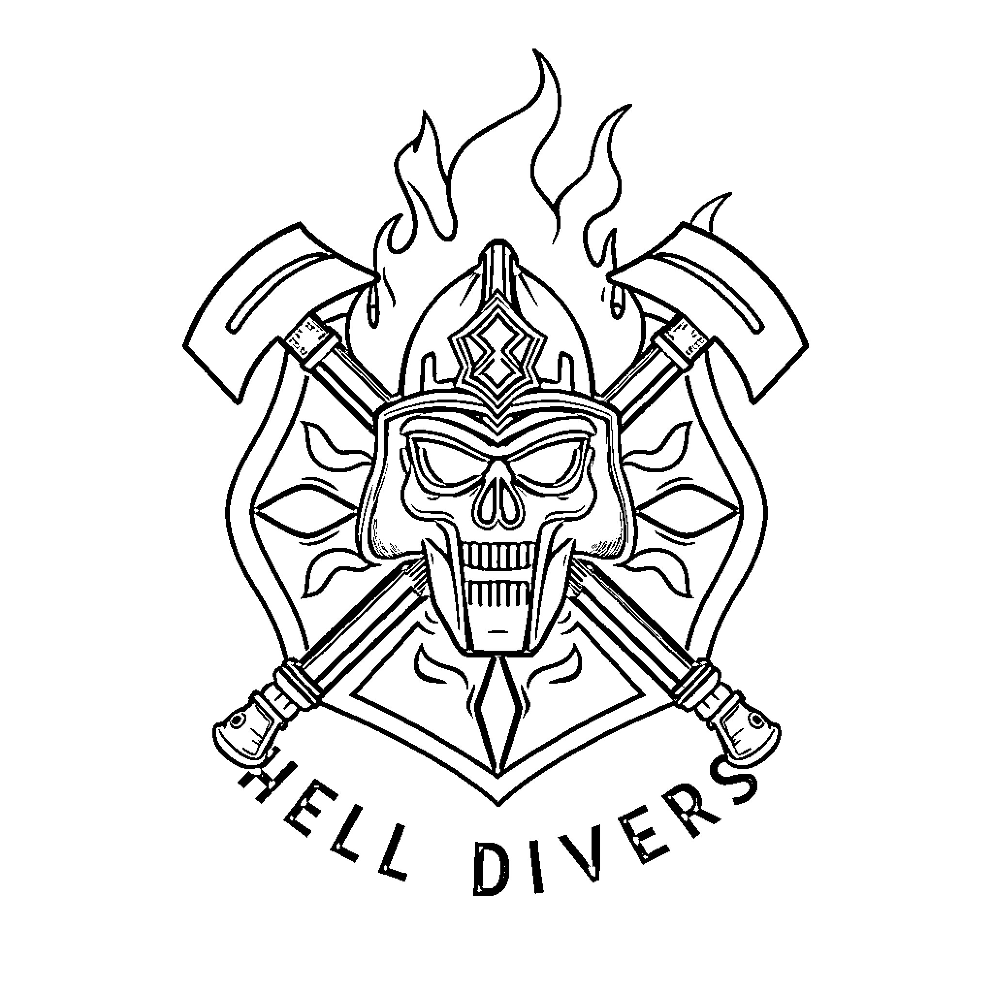 Emblem of fierce skull divers with crossed axes Coloring Page (free black-and-white line drawing printable PDF for all, from beginners to advanced learners, including children, teens, adults, and seniors)