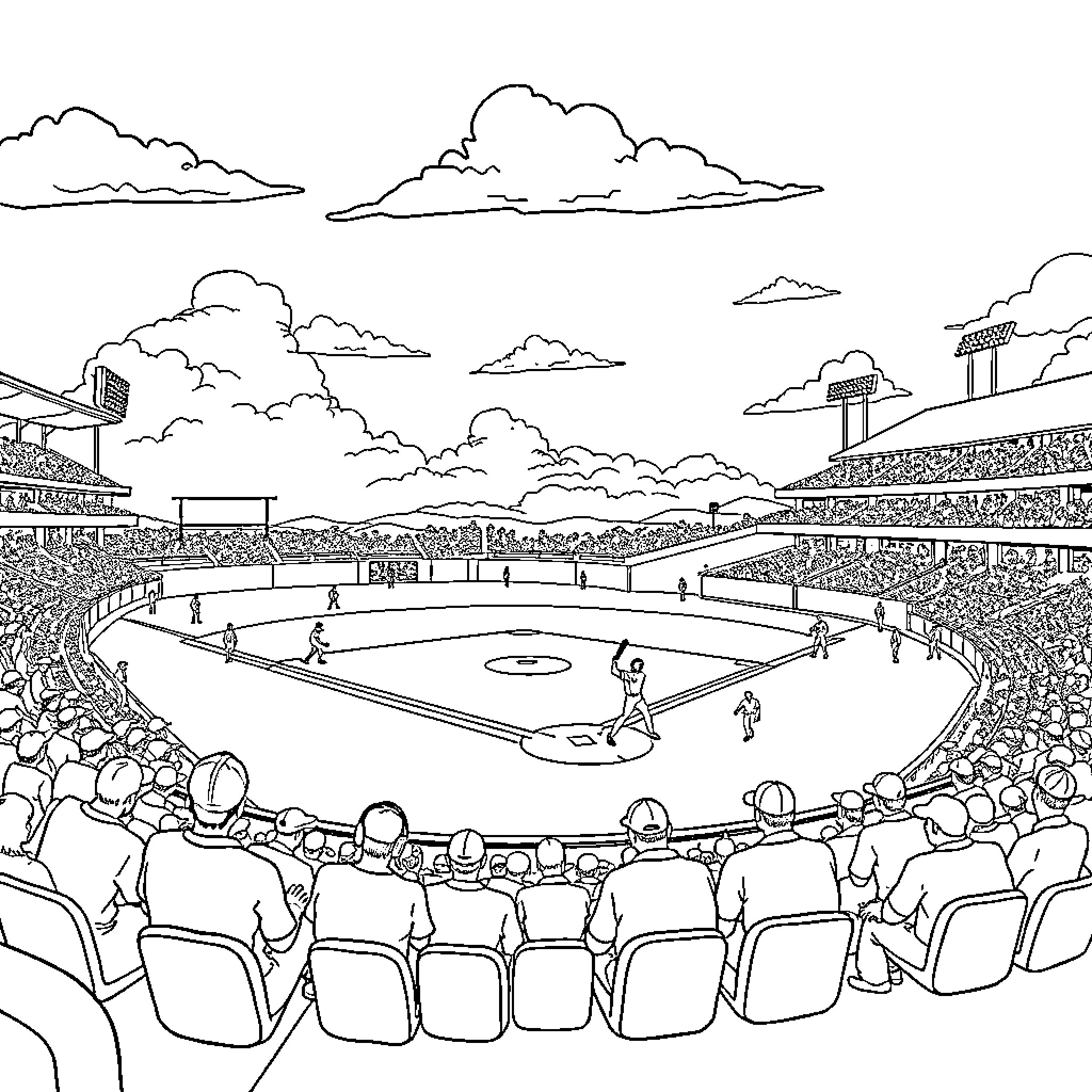 Dodgers playing baseball in a crowded stadium Coloring Page (free black-and-white line drawing printable PDF for all, from beginners to advanced learners, including children, teens, adults, and seniors)