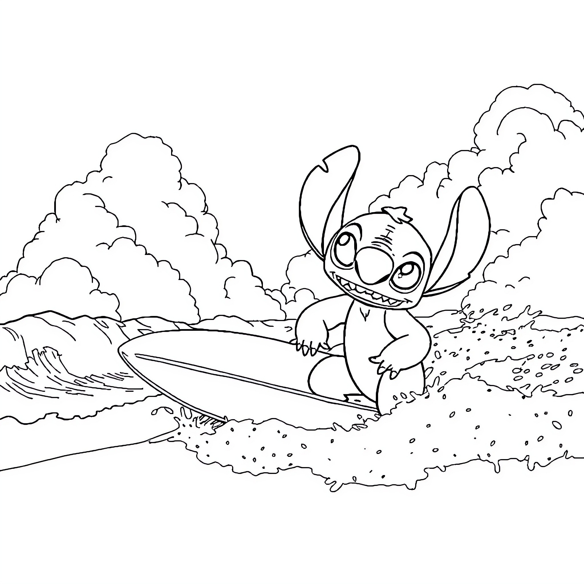 Lilo And Stitch Surfing on the Beach Coloring Page (free black-and-white line drawing printable PDF for all, from beginners to advanced learners, including children, teens, adults, and seniors)